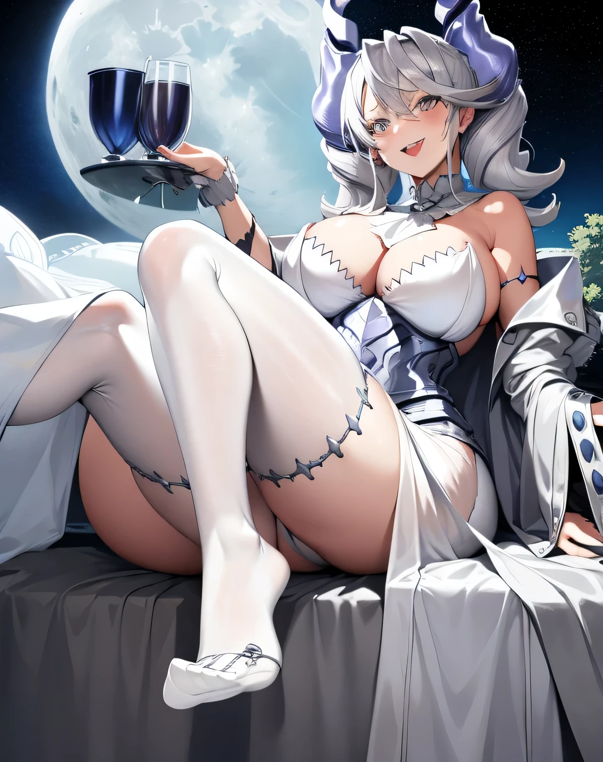 1girl, labrynth, silver hair, grey eyes, large breasts, full body, exposed thighs, exposed armpit, horns, cleavage, white dress, Ornate, laughing, night, moon, ivory, exquisite, chandelier, smug, garden,
white interior,foot pov,crossed foot