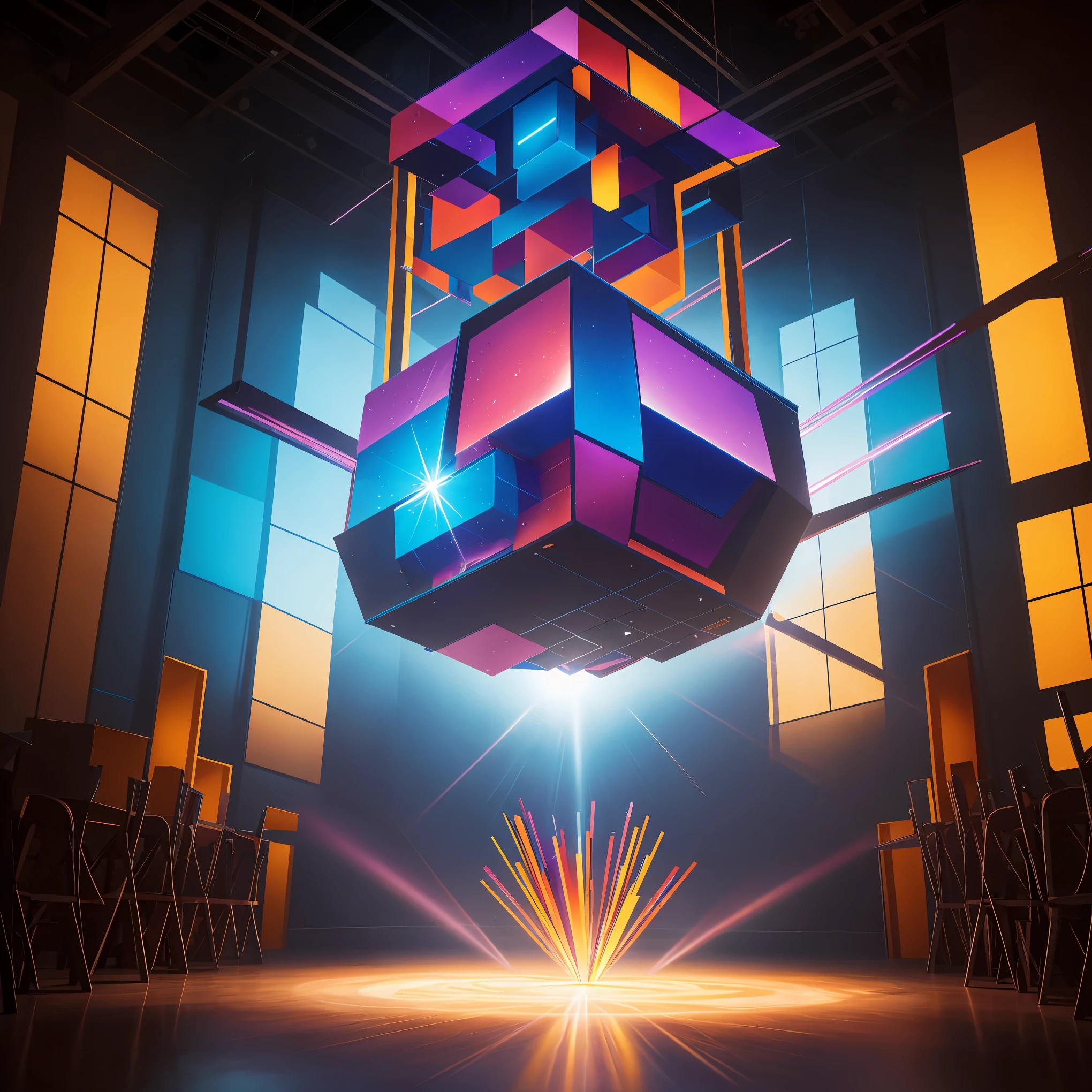 A giant geometric structure, abstract art, three-dimensional construction, light piercing through, colorful gradients, surrealism, high-definition rendering, seamless integration,ultra-detailed, HDR, professional, vivid colors, studio lighting