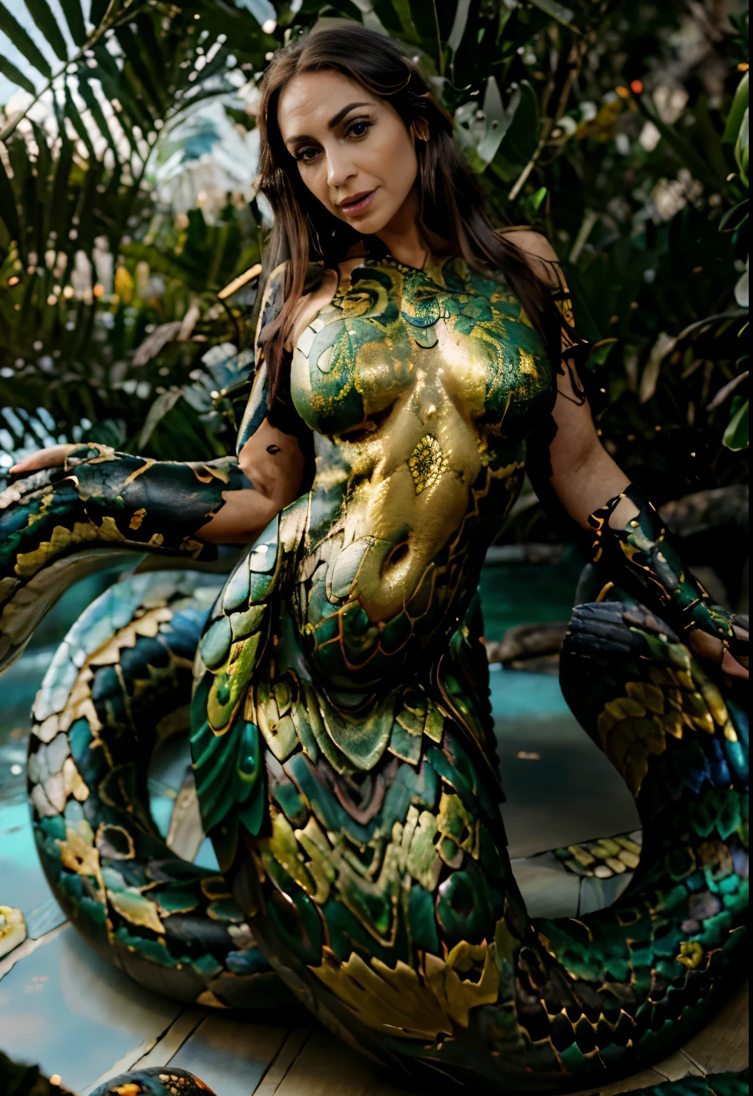 Dark environment，A beautiful woman with golden scales on her body，(mermaid:1.2), (Snake tail:1.3)，8K  UHD，RAW photo，A snake woman，（Python pattern），（snake man），(Crystal clear golden scales)，(Real Human:1.3)，(A high resolution:1.4)，(A detailed:1.5)，(photorealestic:1.7)，RAW photo，Portrait Photogram，Realistic scales，cabellos largos dorados，Skin is delicate and smooth，Full breasts，nakeness，（Lamia），RAW photo，超A high resolution，Foto realism，best qualtiy，(highdetailskin，skin detailed)，Visible Pore，Shiny skin，tmasterpiece，finedetail，Colorization，Extremely Delicately Beautiful，Extremely detailed 8k wallpaper，8K high quality，Digital SLR，Snake man with beautiful details，(looking at viewert)，professional photograph lighting，Faraway view，full bodyesbian，in a panoramic view