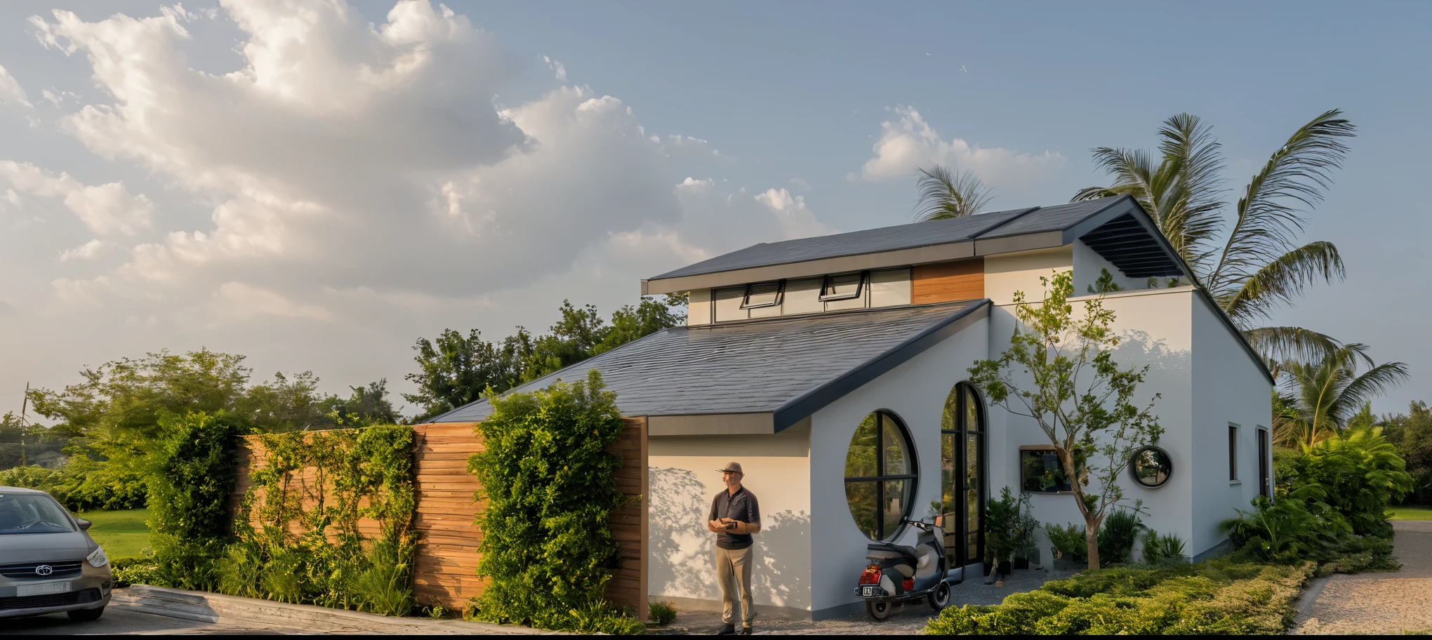 Masterpiece, high quality, best quality, authentic, super detail, outdoors, onestoreyvillaXL, aiaigroup, house style modern on the street ,stairs, white wall ,road,pavement, grass, trees, sky, cloud, (daylight:1.1)