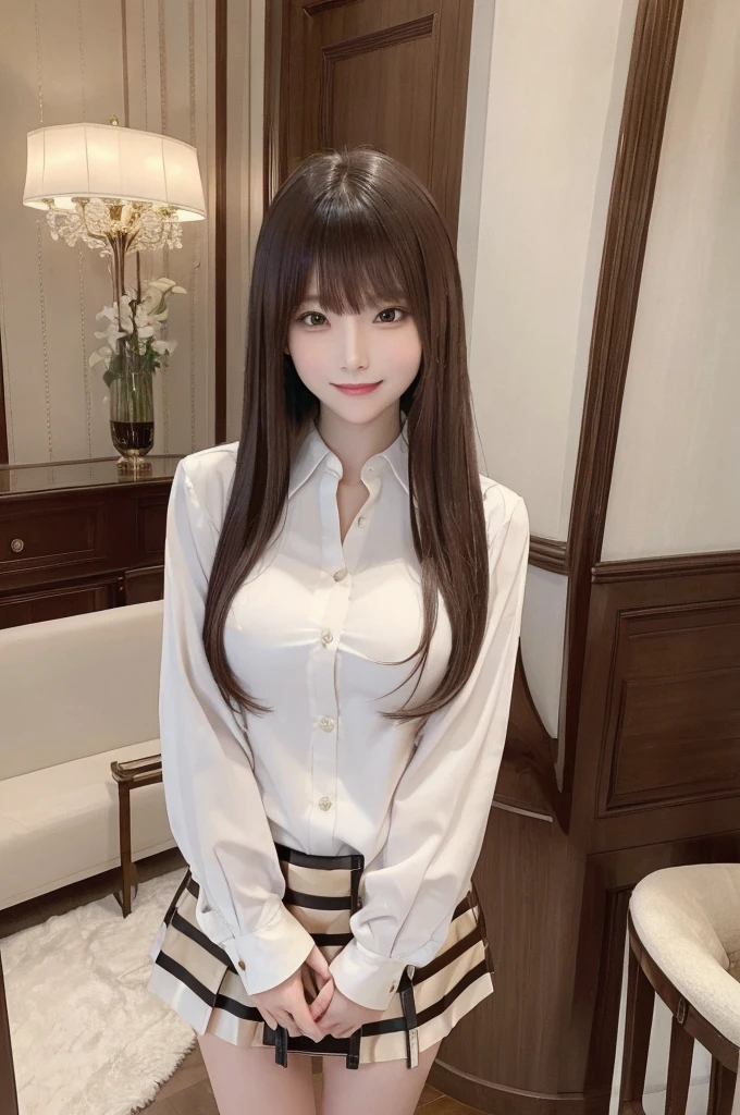 masterpiece, highest quality, High resolution, amazingly beautiful woman, spring fashion,half coat,wearing a blouse, knee length skirt, straight hair, small breasts, natural color lips, smile, luxury hotel, looking at camera, full body shot,smile