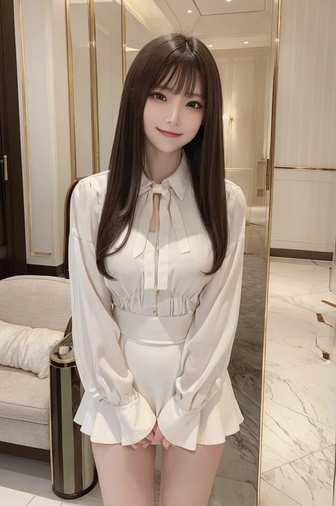 masterpiece, highest quality, High resolution, amazingly beautiful woman, spring fashion,half coat,wearing a blouse, knee length skirt, straight hair, small breasts, natural color lips, smile, luxury hotel, looking at camera, full body shot,smile