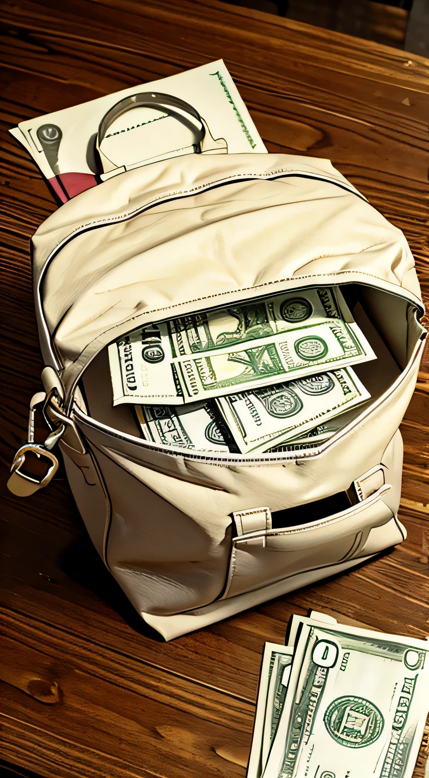 A bag of money lying on a table 