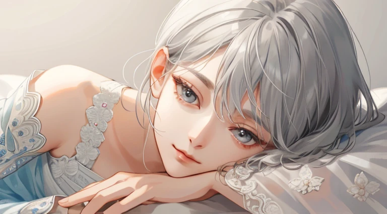 (very delicate and beautiful:1.2), 8K ,(masterpiece:1.0),(Highest_quality:1.0), 1 girl, mature woman, intricate details, enlarged texture, intricate details, small eyes and small face, intricate details, gray hair, (closed mouth), perfect eyes, equal eyes, (goddess), perfect body, very detailed