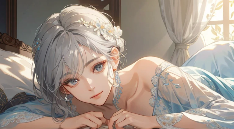 (very delicate and beautiful:1.2), 8K ,(masterpiece:1.0),(Highest_quality:1.0), 1 girl, mature woman, intricate details, enlarged texture, intricate details, small eyes and small face, intricate details, gray hair, (closed mouth), perfect eyes, equal eyes, (goddess), perfect body, very detailed