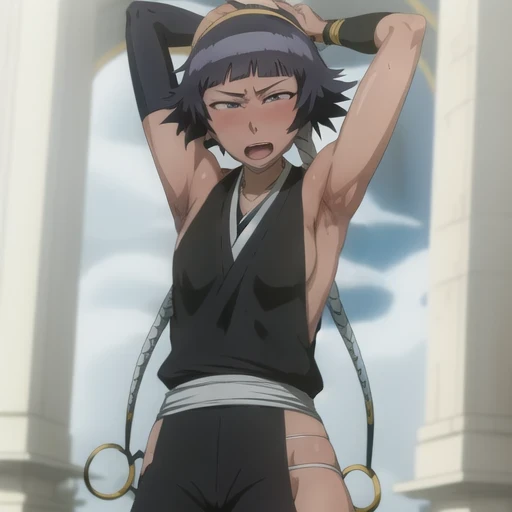 ( Animation screenshots:1.1),outdoor,
1 girl, alone, black hair, side breasts,eternal, short hair with long locks, japanese clothing, - Hip vents, no underwear,short hair, small breasts, (white eyes:1.1),No eyeballs, Also available in black, No headwear,low double braids,Face the audience, looking at the audience, tired, from below, (Show armpits:1.3), Sexy, Sweat dripping, More and more sweat,(ahegao), (Roll your eyes), naughty face, blush, open mouth, Sticking out tongue, saliva, sloppy person,Runny nose,skinny, raise arms, (arms above head:1.5)
