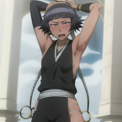 ( Animation screenshots:1.1),outdoor, Nipples exposed, 1 female, alone, black hair, side breasts,eternal, short hair with long locks, japanese clothing, - Hip vents, no underwear,short hair, small breasts, (white eyes:1.1),No eyeballs, Also available in black, no head gear,low double braids,Face the audience, looking at the audience, tired, from below, (露armpit:1.1), ((armpit:1.2)), Sexy, Sweat dripping, More and more sweat,(ahegao), (Roll your eyes), naughty face, blush, open mouth, Sticking out tongue, saliva, sloppy person,Runny nose,skinny, raise arms, (arms above head:1.5)
