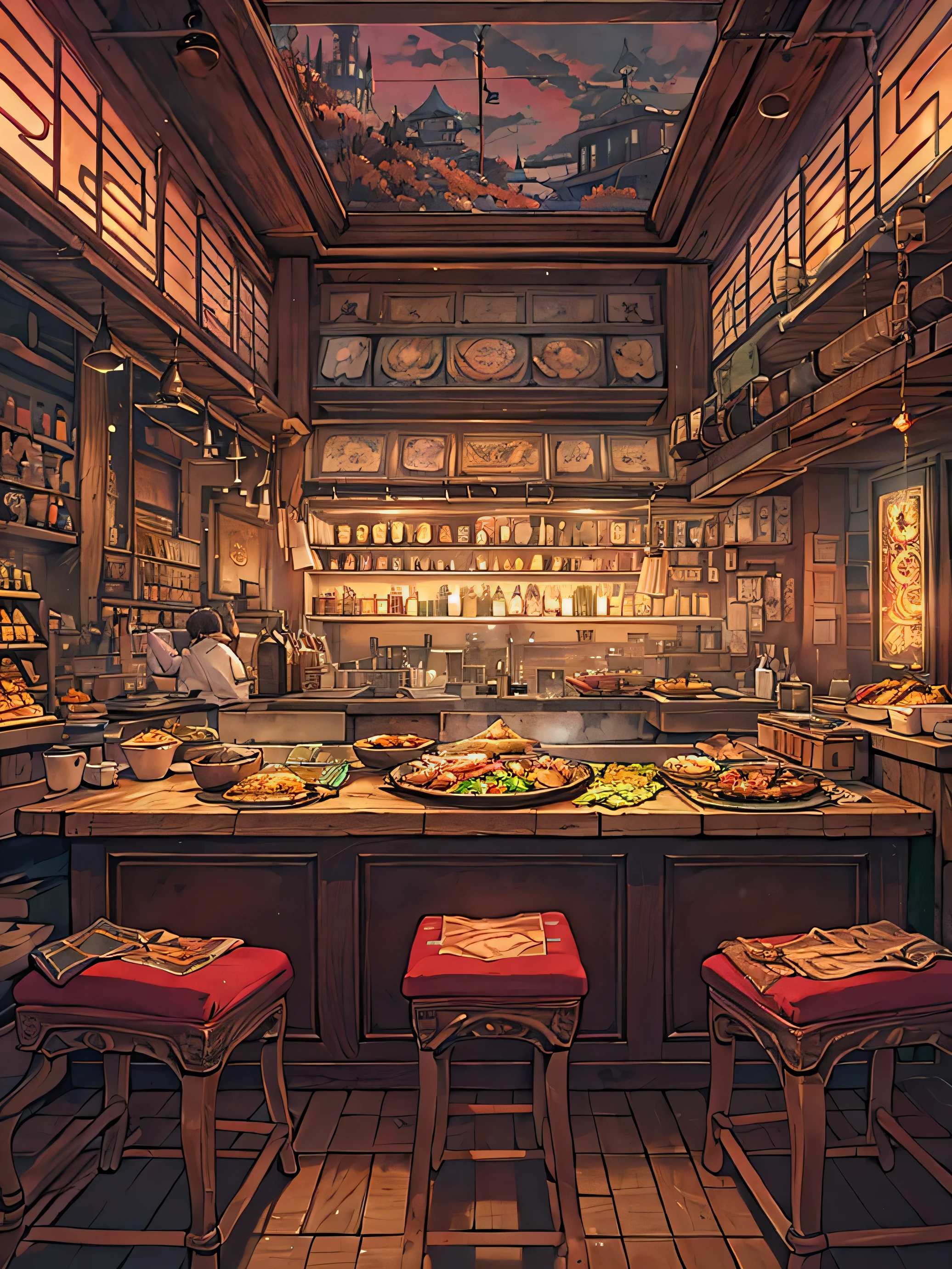 (masterpiece), best quality, very detailed, fantasy art, Oriental traditional high-end restaurant, Korean restaurant atmosphere, Upscale indoor pub atmosphere, Atmosphere of the 1980s, Shown only as background, no people, Ambient lighting in the middle of the night, Screen viewed from a 25 degree angle, cooking table, space without people, Fine dining, Cooking table in the center of the screen, Table with food on left and right, no people