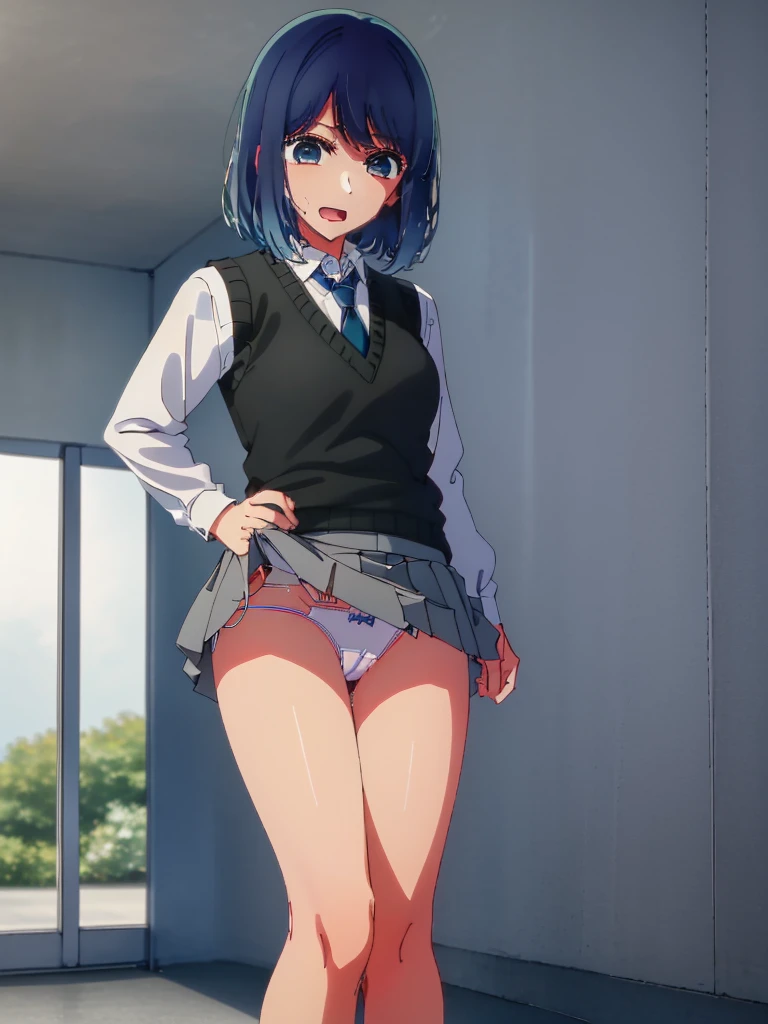 (((mini skirt)))，beautiful lighting, 1 girl, alone, Akane, uniform，white shirt, sweater vest, black vest, blue tie, (((黒のmini skirt)))，((anime style))、((2D))、laughter、open your mouth，(((put your hand inside your pants))), (( Masturbate by touching your vagina with your fingers)), love juice spilling on the floor, liquid splashing from girl&#39;&#39;&#39;s crotch，pretty embarrassing,(show panties:1.4), (panty shot:1.3), (lift up the skirt:1.3),put the heel on the ground, spread your legs, please get on your knees, put your butt on the ground, angle from below, squat deeply, whole body, from before, 