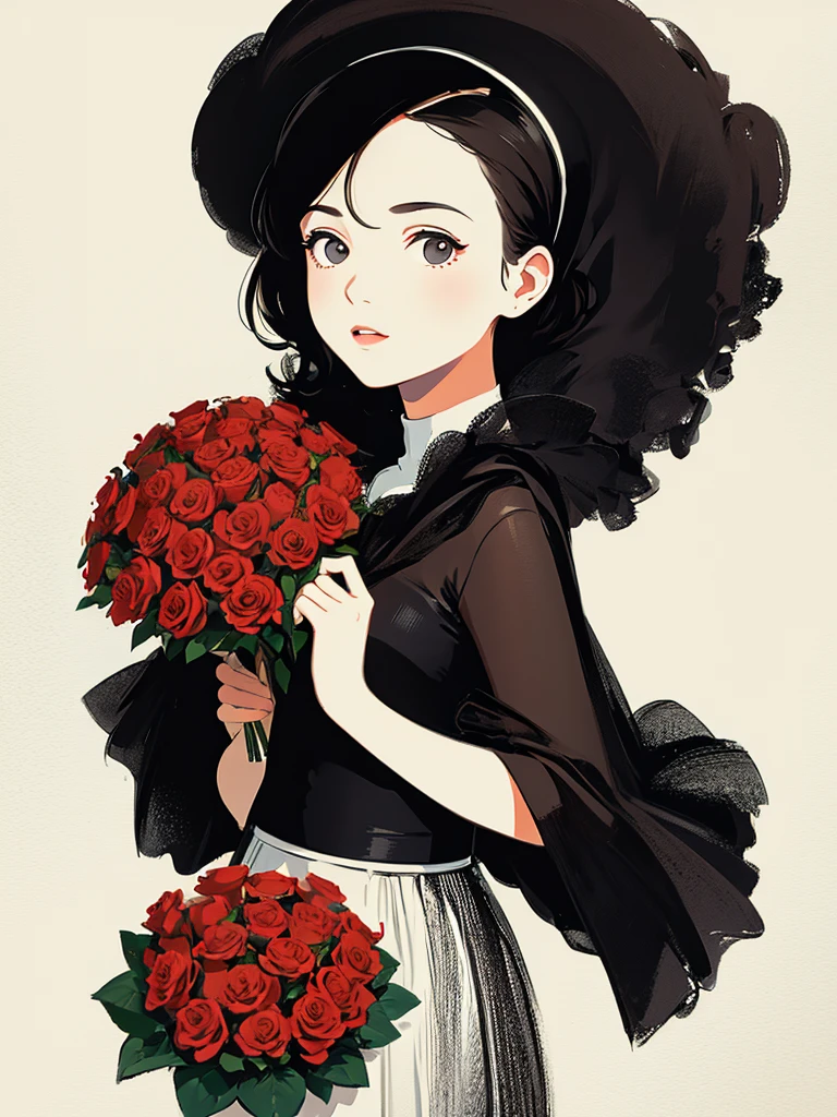 A girl carrying a big bouquet of roses, in the style of figurative minimalism, warm color palette, utilitarian, organic shapes and lines, illustration, danish design, facing front, white background, flat illustrations