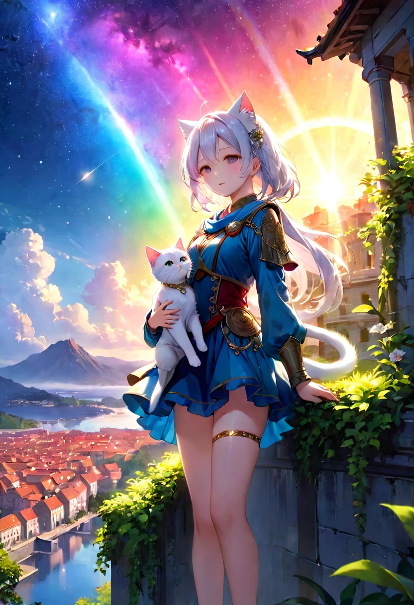 (8K、Raw photo、highest quality、look up:1.2、masterpiece:1.2、genuineistic、ultra high resolution、high contrast、photon mapping、genuine、Super detailed、official art, Raw photo、professional lighting、 light、Vivid atmosphere、twicelight) (1 girl), (full body figure), (Portrait of a Girl), (Young look),(Moist eyes), (beautiful face:1.3), (perfect proportions:1,2), (thin legs), (thin thighs), (long legs:1.2), (delicate), (height: 150cm), (15 years old) , (Fair skin、white skin: 1.5), (lightブラウンのポニーテール), (One white kitten)A girl and a kitten having fun、Looking at the breathtaking scenery from a high place、appear。When the sun rises、Stars in the sky々And the Milky Way shines、The city of the future appears in the air like a heat haze.、On the ground、Surrounded by greenery、A medieval Roman city-state on the shores of a lake、Shining in the morning sun。An atmosphere that exudes the excitement of adventure。High Fantasy Worldview, Beautiful depiction of grand composition and proportions, Guardian nebula of rainbow light and silvery vapor, Corrosive Encirclement Ray Family Color, slimy air feeling,