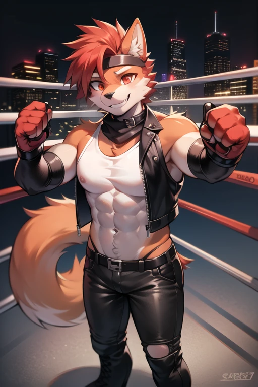 Furry, anthropomorphic wolf, orange fur, red hair, mohawk hairstyle, red eyes, 6'7 and 233, 50" Chest, 21" Shoulders, 17" Biceps, 36" Waist, 25" thighs, 17" calves, 20" back, taking selfie, wearing black leather vest, wearing white t-shirt with sleeves ripped off, wearing black leather pants, wearing black leather boots, wearing black bandana around forehead, wearing Scarlet boxing gloves, smiling, in the city, punk biker aesthetic, eight pack abs