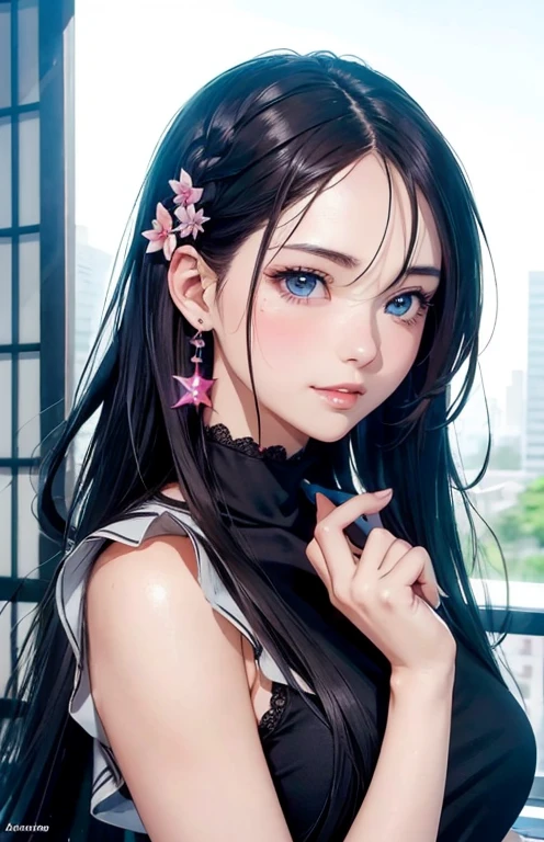 masterpiece、highest quality、High resolution、high quality images、8K, 1 female、skin luster、Texture of skin and clothing、Expression of fine eyes、glossy black hair,Girl with long braided hair, Manga inspired by Lee Jong-suk, trending on deviantart, realism, detailed manga style, manga art style, perfect line drawing, beautiful line drawing, digital manga art girl, K-POPアイドル, dress, beautiful blue eyes, plump lips, detailed gorgeous face, (cute smile), charm, innocent, Side view, (perfectly detailed face), (fine hands) photorealistic images, Depth of written boundary, Elsa&#39;s Hairstyle, tulip, one piece,wonderful flower garden，美しいtulip，romanticism,