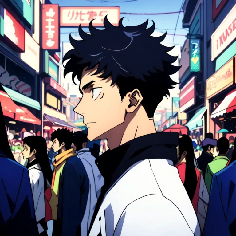 (best quality: 1.5, masterpiece, minimalist, lineart: 1.5, anime), 1 boy, 1 ager,walking through a pedestrian,crowded, upperbody, lineart, itadori yuji, side view, traffic light, halfbody, portrait,