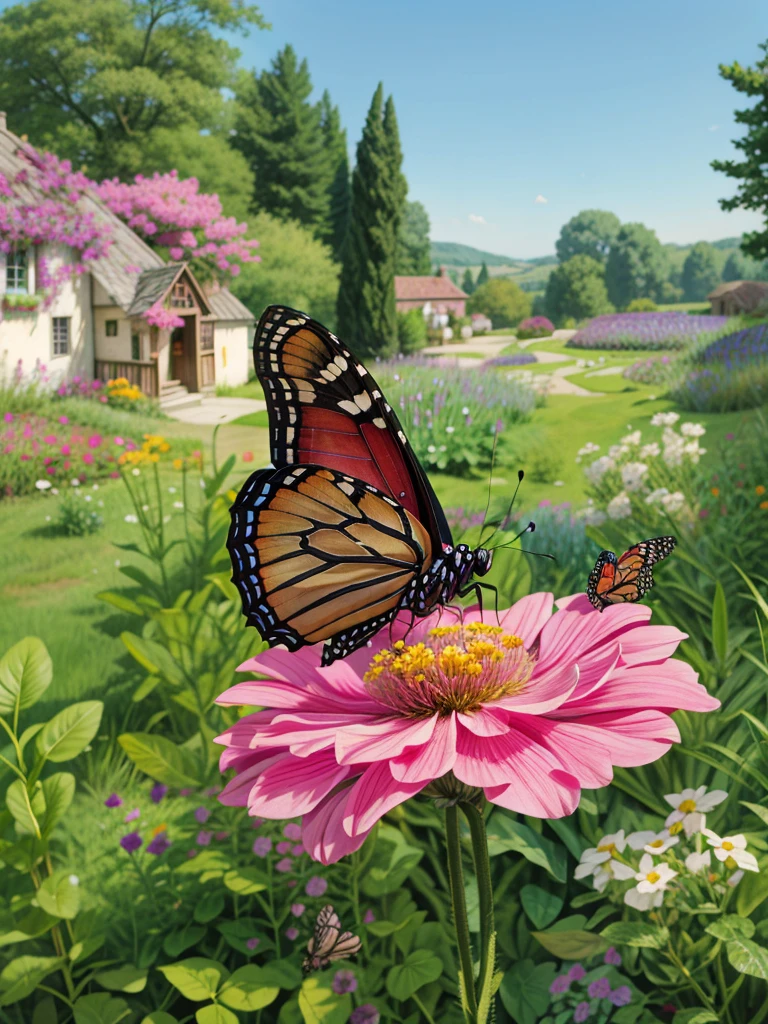a butterfly sitting on top of a pink flower, monarch butterflies, in a cottagecore flower garden, cottagecore flower garden, flowers and butterflies, wings made out of flowers, painting of a mechanical butterfly, the empress’ swirling gardens, swarming in flowers, butterflies and birds, cottage hippie naturalist, butterflies flying, butterflies and worms, 4k hd,, beautiful art uhd 4 k, a beautiful artwork illustration, beautiful digital painting, highly detailed digital painting, beautiful digital artwork, detailed painting 4 k, very detailed digital painting, rich picturesque colors, gorgeous digital painting
