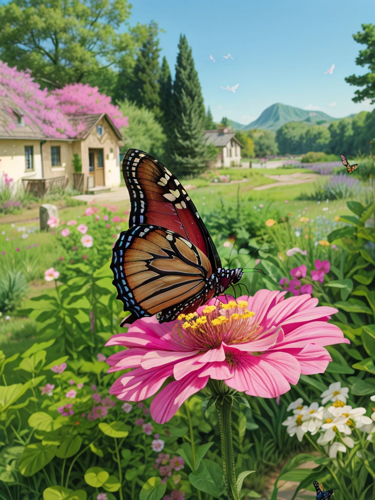 a butterfly sitting on top of a pink flower, monarch butterflies, in a cottagecore flower garden, cottagecore flower garden, flowers and butterflies, wings made out of flowers, painting of a mechanical butterfly, the empress’ swirling gardens, swarming in flowers, butterflies and birds, cottage hippie naturalist, butterflies flying, butterflies and worms, 4k hd,, beautiful art uhd 4 k, a beautiful artwork illustration, beautiful digital painting, highly detailed digital painting, beautiful digital artwork, detailed painting 4 k, very detailed digital painting, rich picturesque colors, gorgeous digital painting