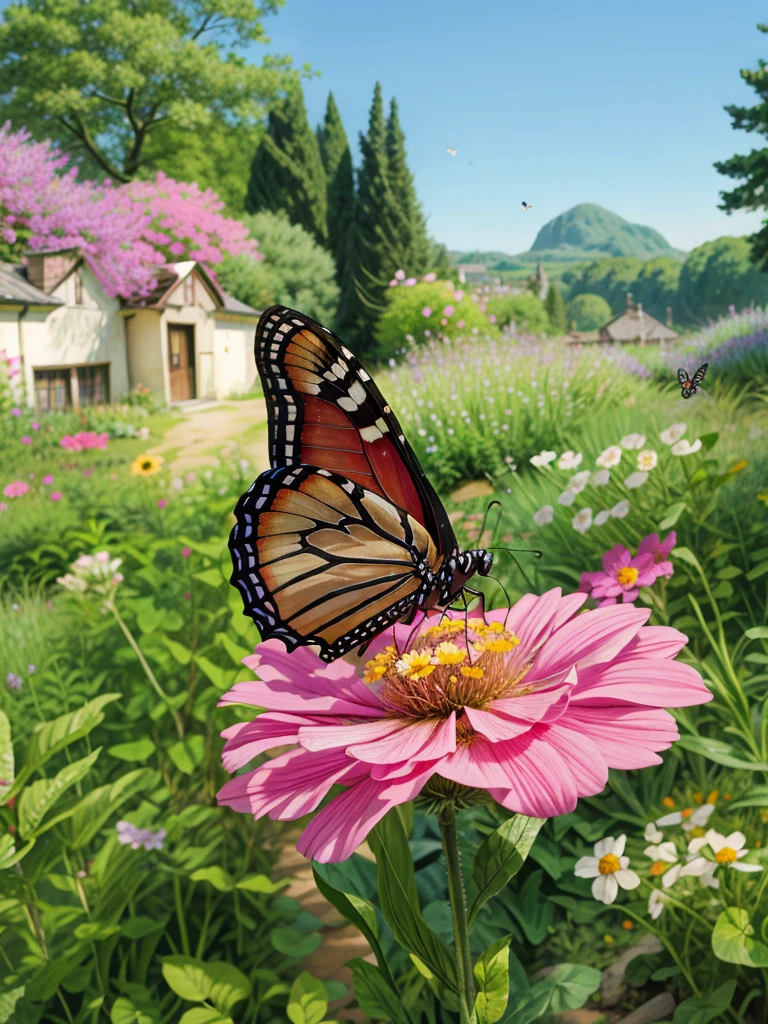 a butterfly sitting on top of a pink flower, monarch butterflies, in a cottagecore flower garden, cottagecore flower garden, flowers and butterflies, wings made out of flowers, painting of a mechanical butterfly, the empress’ swirling gardens, swarming in flowers, butterflies and birds, cottage hippie naturalist, butterflies flying, butterflies and worms, 4k hd,, beautiful art uhd 4 k, a beautiful artwork illustration, beautiful digital painting, highly detailed digital painting, beautiful digital artwork, detailed painting 4 k, very detailed digital painting, rich picturesque colors, gorgeous digital painting