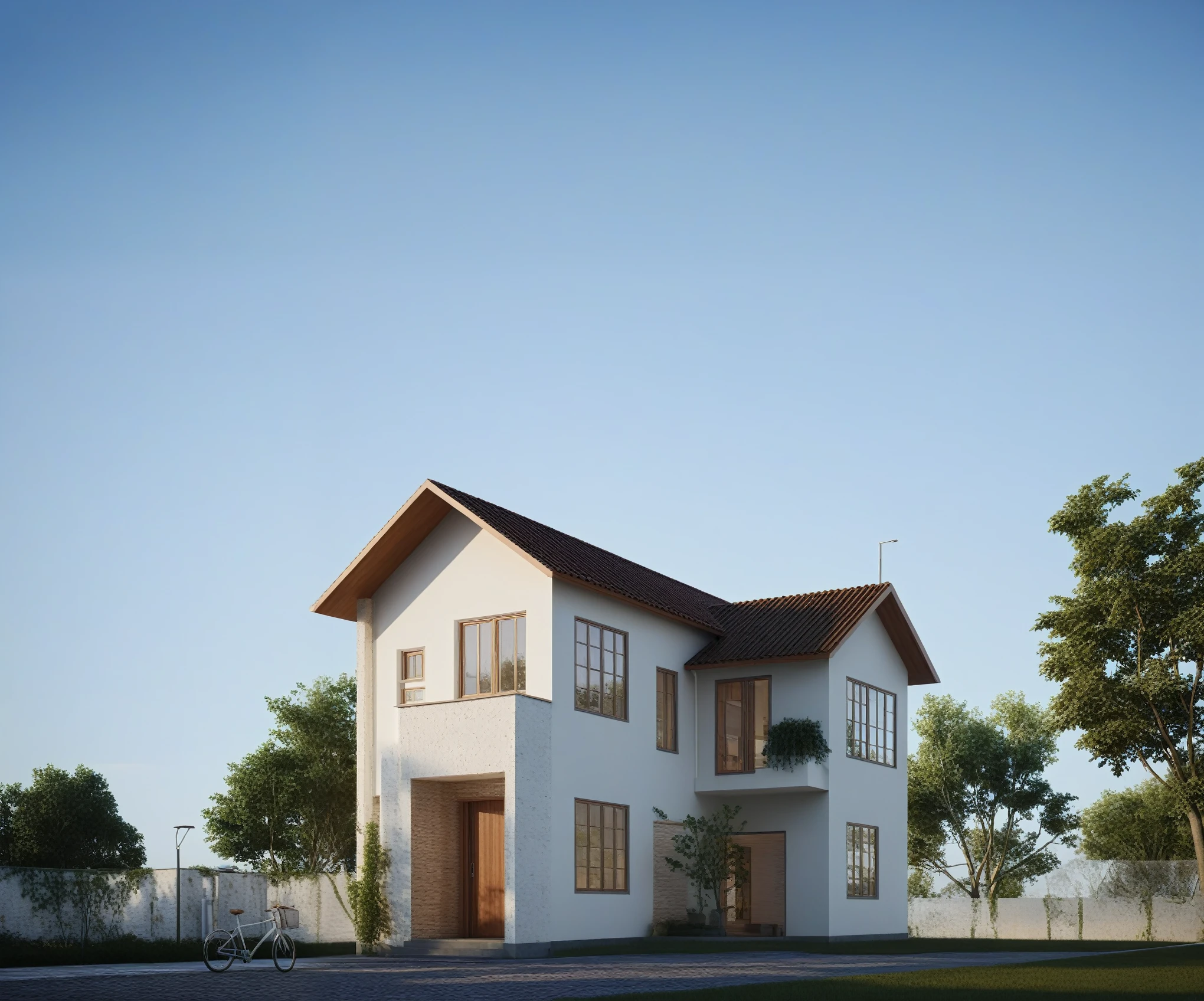 there is a white house with a brown roof and a bicycle parked in front, photorealistic renderinging, natural realistic rendering, rendu 3D très réaliste, very detailed 3D rendering, very detailed 3D rendering, rendu architectural 3D, realistic renderinging, very detailed rendering, a photorealistic renderinging, high quality rendering, very realistic rendering, realistic rendering, photo realistic rendering