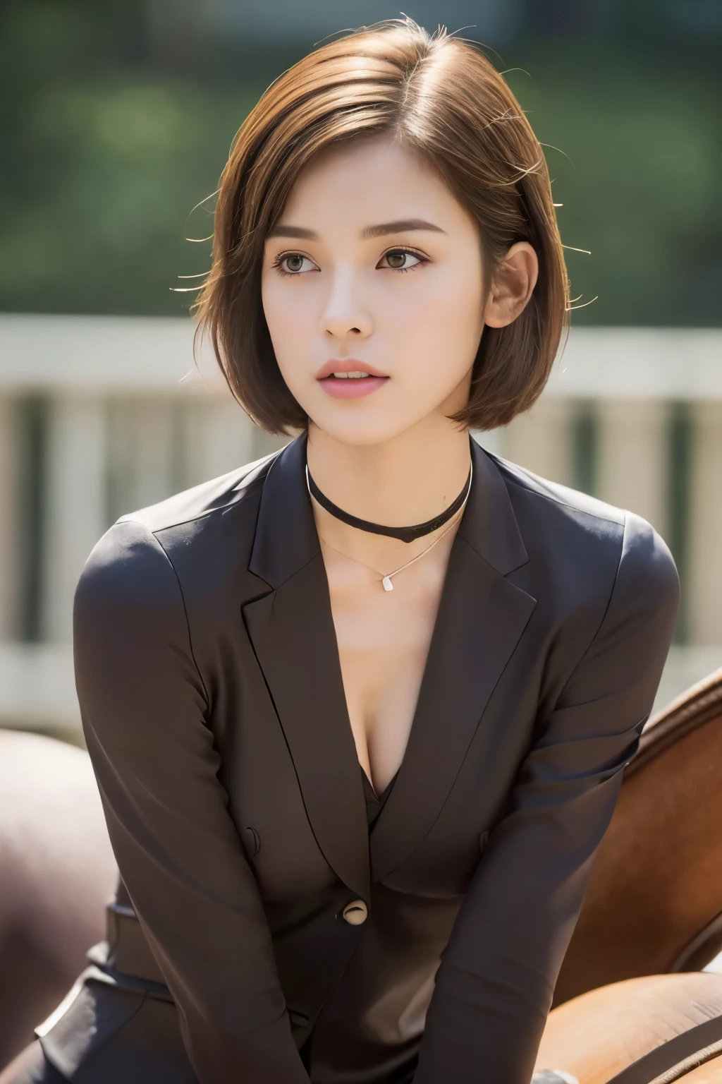 ((top-quality、8K、masterpiece: 1.erfect Body Beauty: 1.4、Slender Abs: 1.2、Beautiful woman with slender abs:1.3、(Highlight Haircutreast B Cup:1.2), medium breast, round shape breast, perfect shape breast, ((horse riding suit)) ), necklace, hyperdetailed face、18year old、 Pretty women、(Dark brown short-cut hair), Slim Face、Highly detailed facial and skin texture、very detailed lips、opens legs、top-quality、masterpiece、超A high resolution、(Photorealsitic:1.4), walked forward confidently, long shot , solid color background