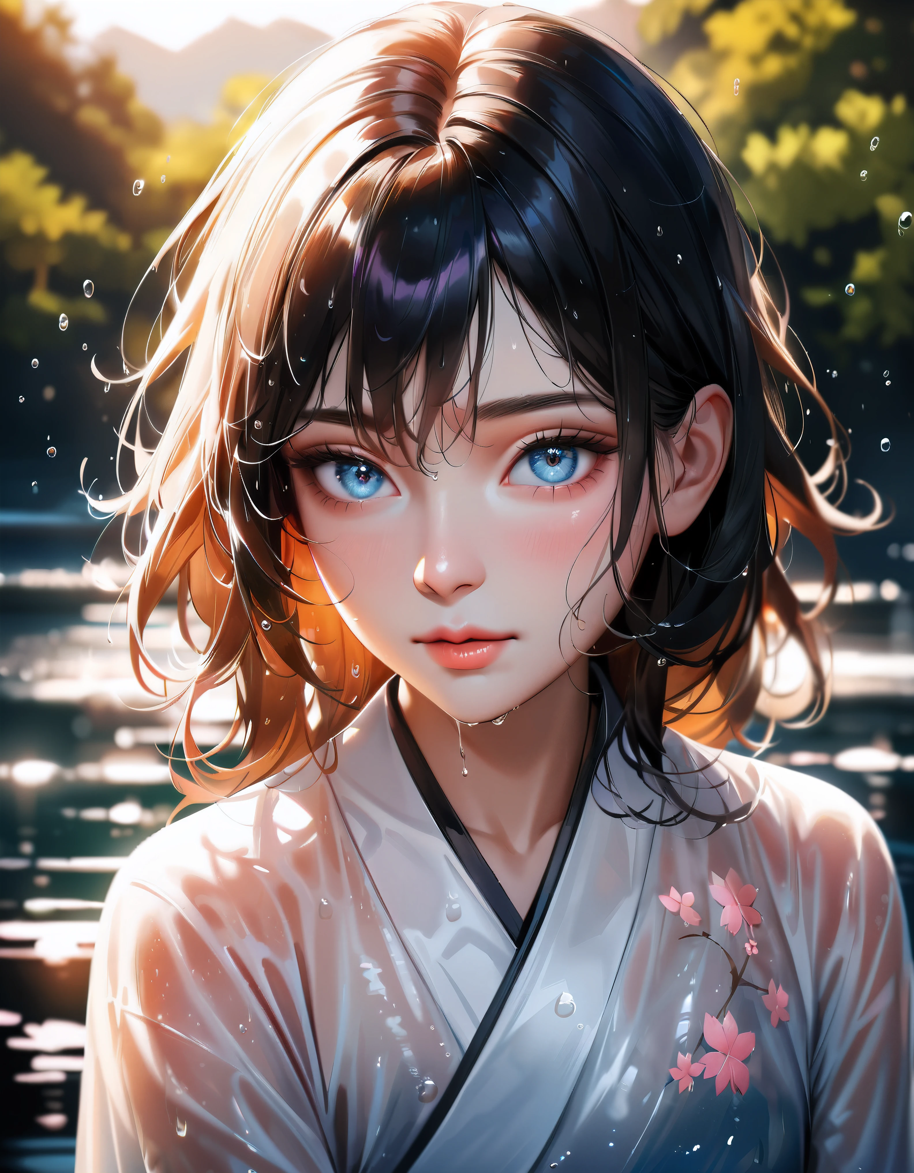 (best quality,highres,ultra-detailed,realistic:1.37),1 girl, (7 years old girl), beautiful detailed eyes,beautiful detailed lips,(wet, wet body, wet hair, wet skin, very wet kimono, reflection on the wet kimono, delicate cherry blossom embroidery, subtle water droplets), (Cloth kimono, best kimono wrinkle, Transparent mucus wrapping), Voluminous hair, soft lighting, (portraits), vivid colors, calm expression, look at viewer, peaceful scenery, clean and fresh feeling