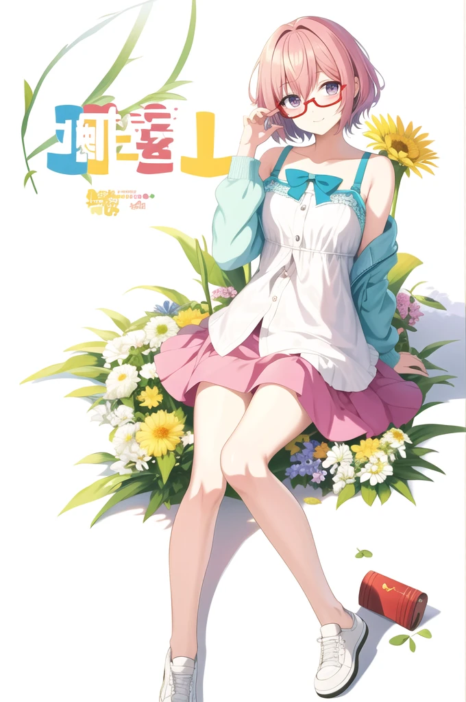 anime girl laying on the ground wear glasses and a vase of flowers, on pixiv, Sayori, Anime cute art style, wear glasses, Loli in a dress, by Shitao, digital data link layer, wear glasses on, pixiv, (anime girl), pixiv style, Soft anime illustration, Splash art anime , The highest rated loli on pixiv has dark red glasses and small breasts #b39070's eyes