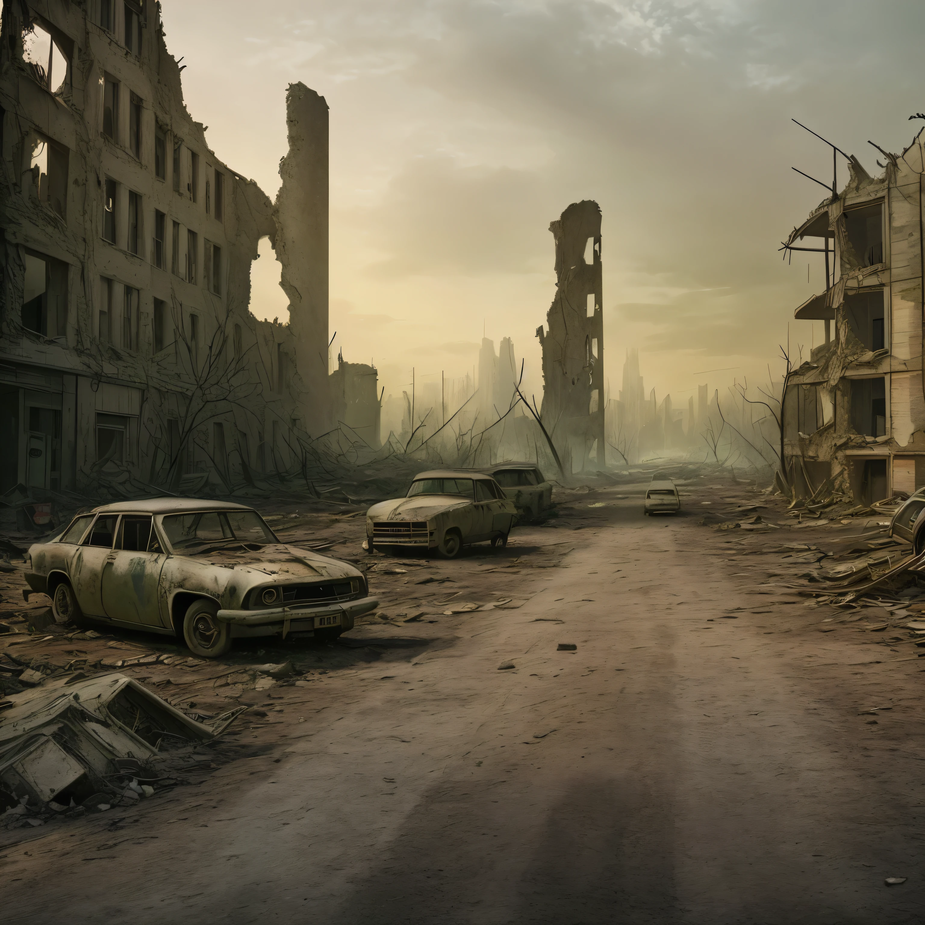 Cars in the ruins,The background is a city, in a post apocalyptic city, post apocalyptic city streets, post apocalyptic city, In a post-apocalyptic wasteland, Outdoor destroyed city view, Destroyed city in the background, post apocalyptic city, Post-apocalyptic scenario, Post-apocalyptic wasteland, A post-apocalyptic street, post apocalyptic atmosphere