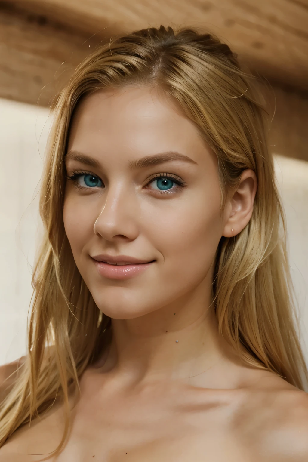 blonde realistic 25 model, front view, Top Quality, Masterpiece, intense blue Eyes, Looking Up, face, Smile