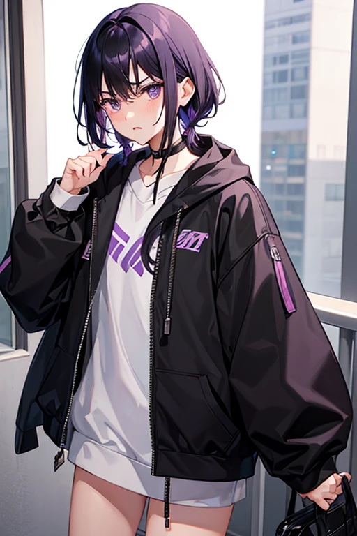 1boy yelling, short lilac-black hair with a longer lock, lilac eyes, sweatshirt dress, blush face and angry expression