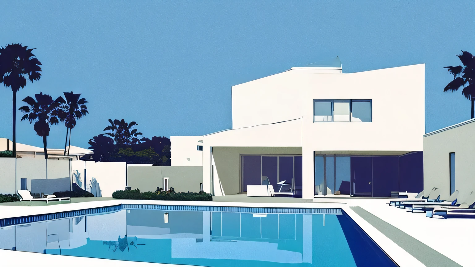 A simple illustration by Hiroshi Nagai A simple, white, angular building with a pool and the sea California summer blue sky and beach Tranquil scenery calm sea rustic illustration 70's style