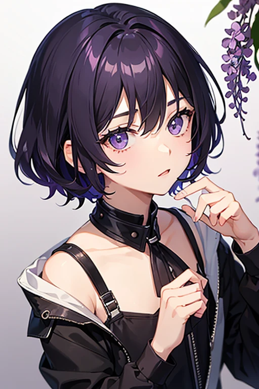 1boy, teenager, short lilac-black hair with a longer lock, lilac eyes