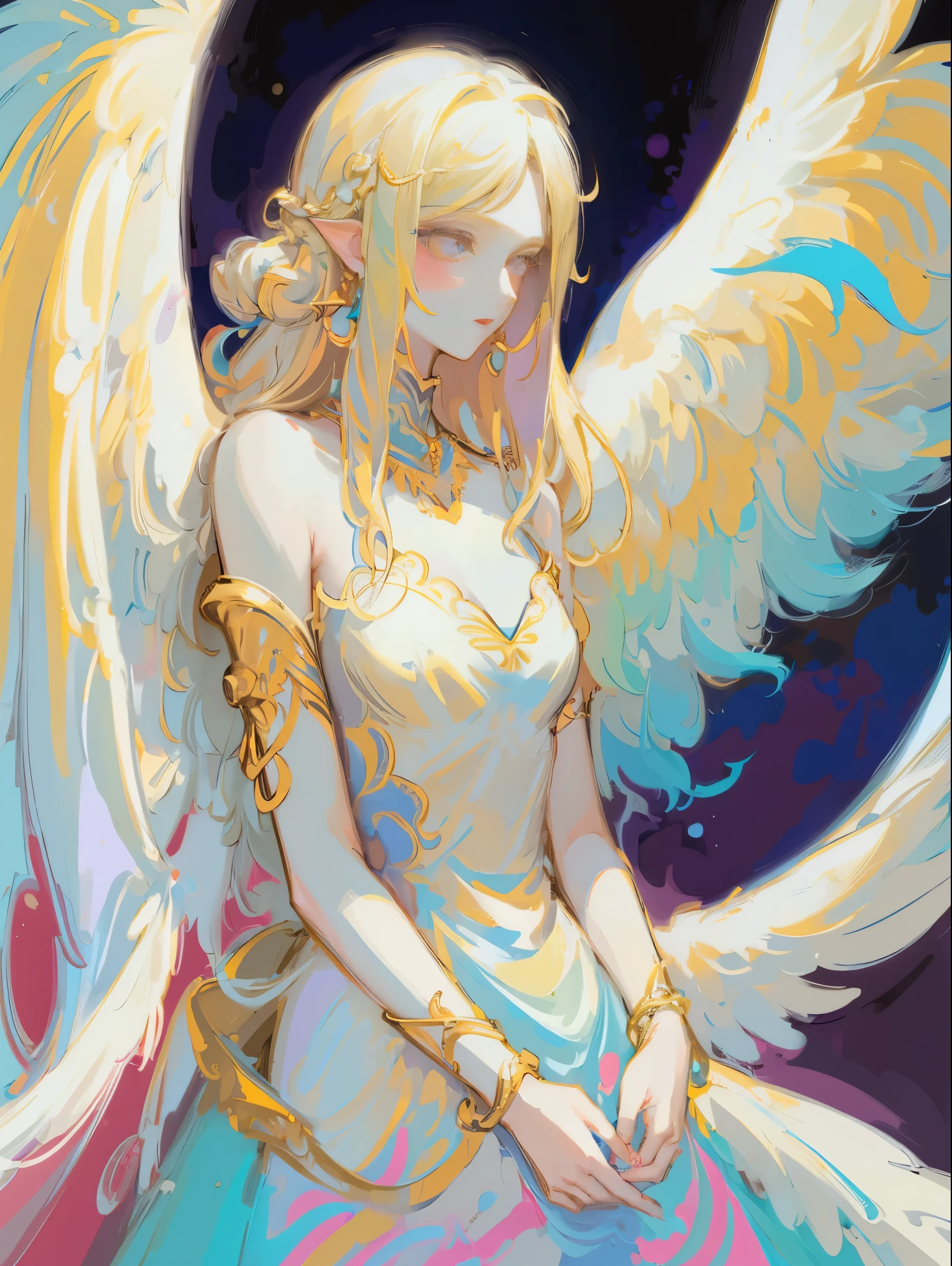 Designed by nty, A woman is, (Angelic, the angel's wings), colorful clothes, Complicated details, coloured background, Abstract