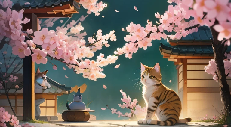 Japanese painting of cats,cherry blossoms,beautiful illumination,beautiful lighting,8K,figure,colorful picture,High resolution