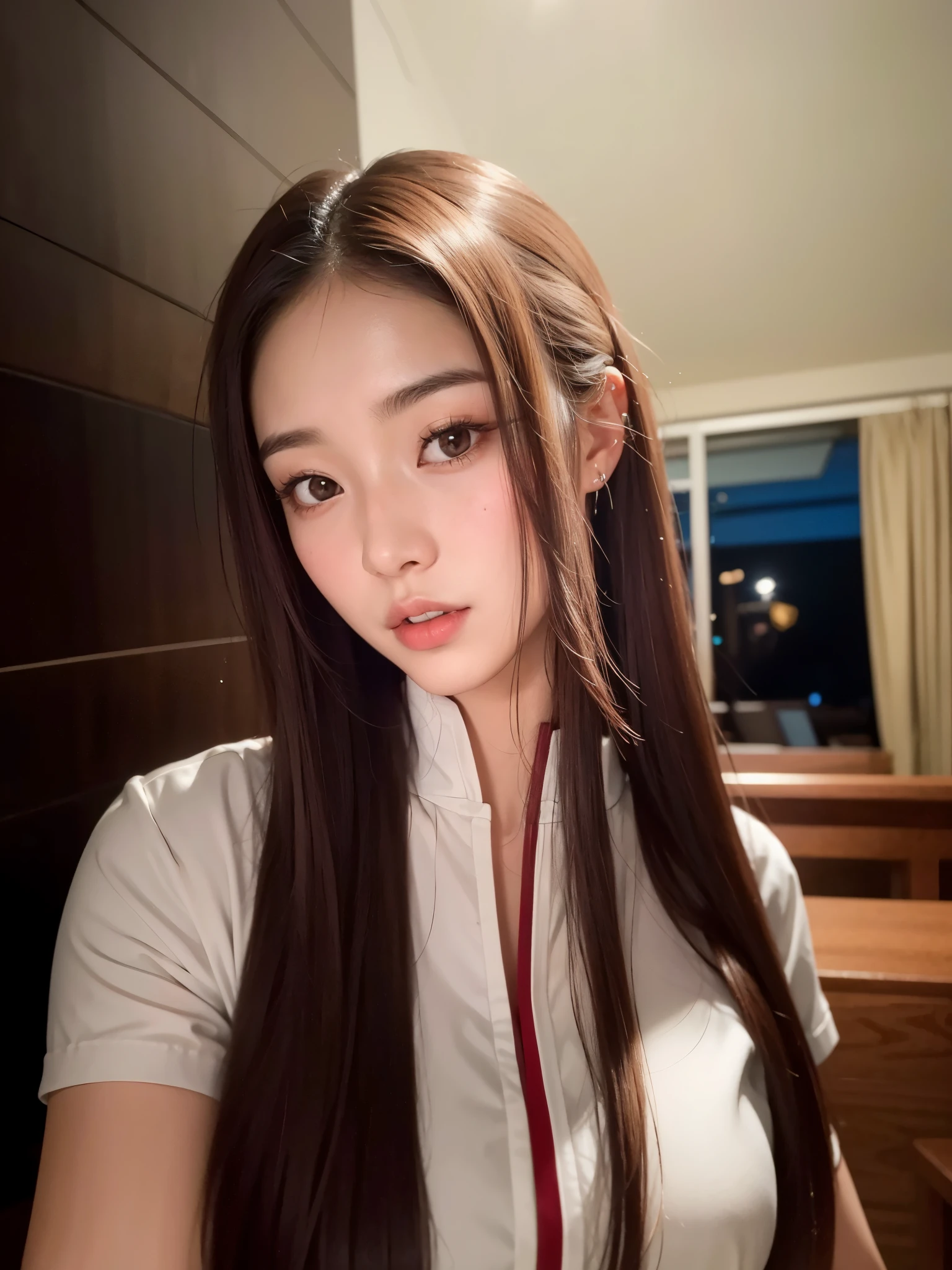 arafed asian woman with long brown hair and a white shirt, gorgeous young korean woman, beautiful south korean woman, asian girl with long hair, beautiful young korean woman, young cute wan asian face, korean girl, gorgeous chinese model, 8k selfie photograph, young adorable korean face, xintong chen, with long hair, with long hair and piercing eyes