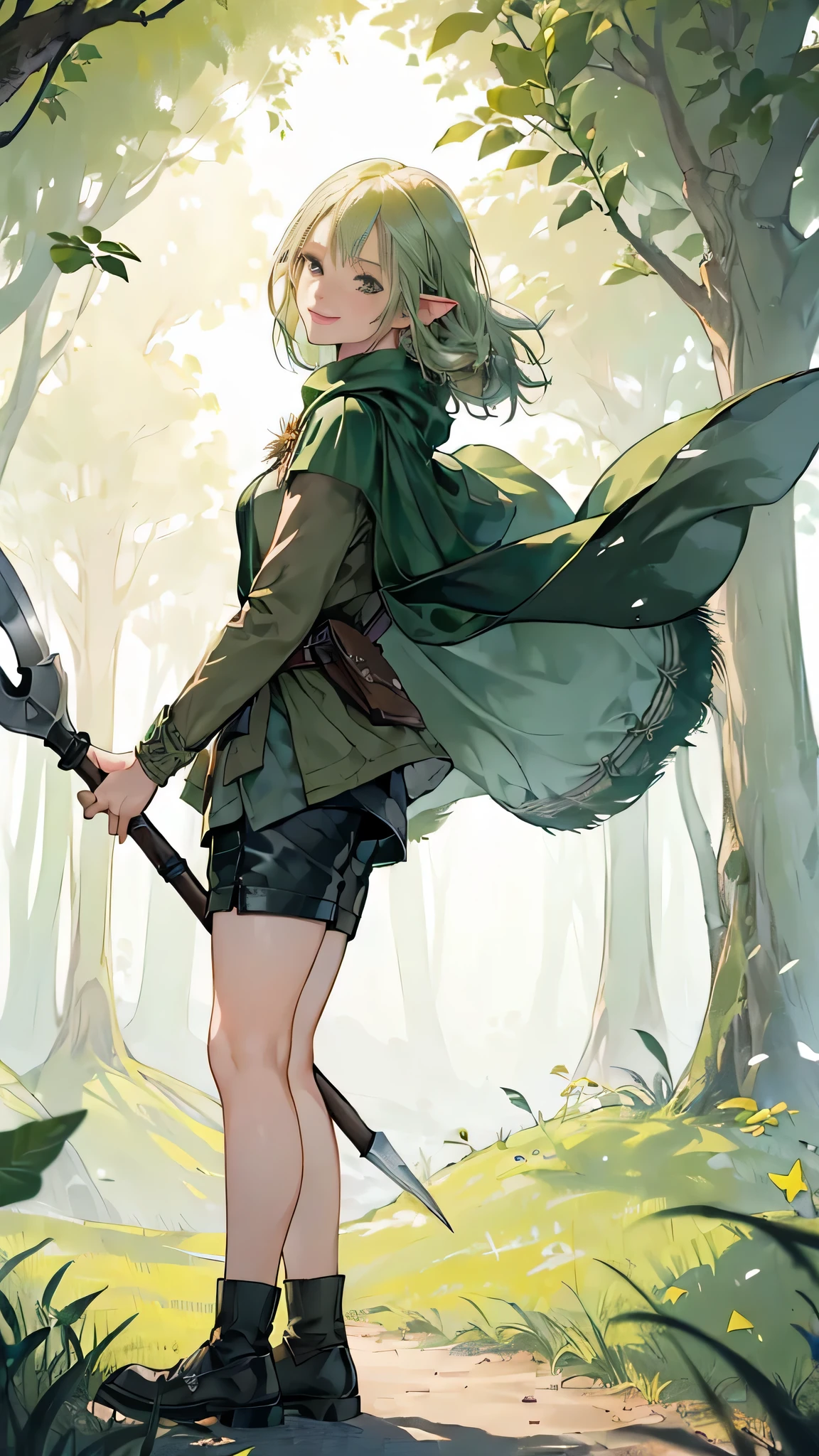 (((((girl))))), masterpiece, ultra detailed, 8K Portrait, Raw photo, woman's portrait photography, full body, Highly detailed smile face, ((Fantasy)), (((hobbit))), ((Adult)), 45 years old, 110cm, (((thief))), ((white skin)), greenish blond twin tail hair, (wearing a helmet), (((dark green silk long cloak))) Fluttering in the wind, (((explorer safari jacket))), leather grooves, (((short pants))), (((lot of tool kit))), (((equip a pickaxe))), Midday sun, Hyper realistic, Slender body, by the foggy castle, Ambient lighting, Shadow details , Camera focus on face, strong breeze, Light fog