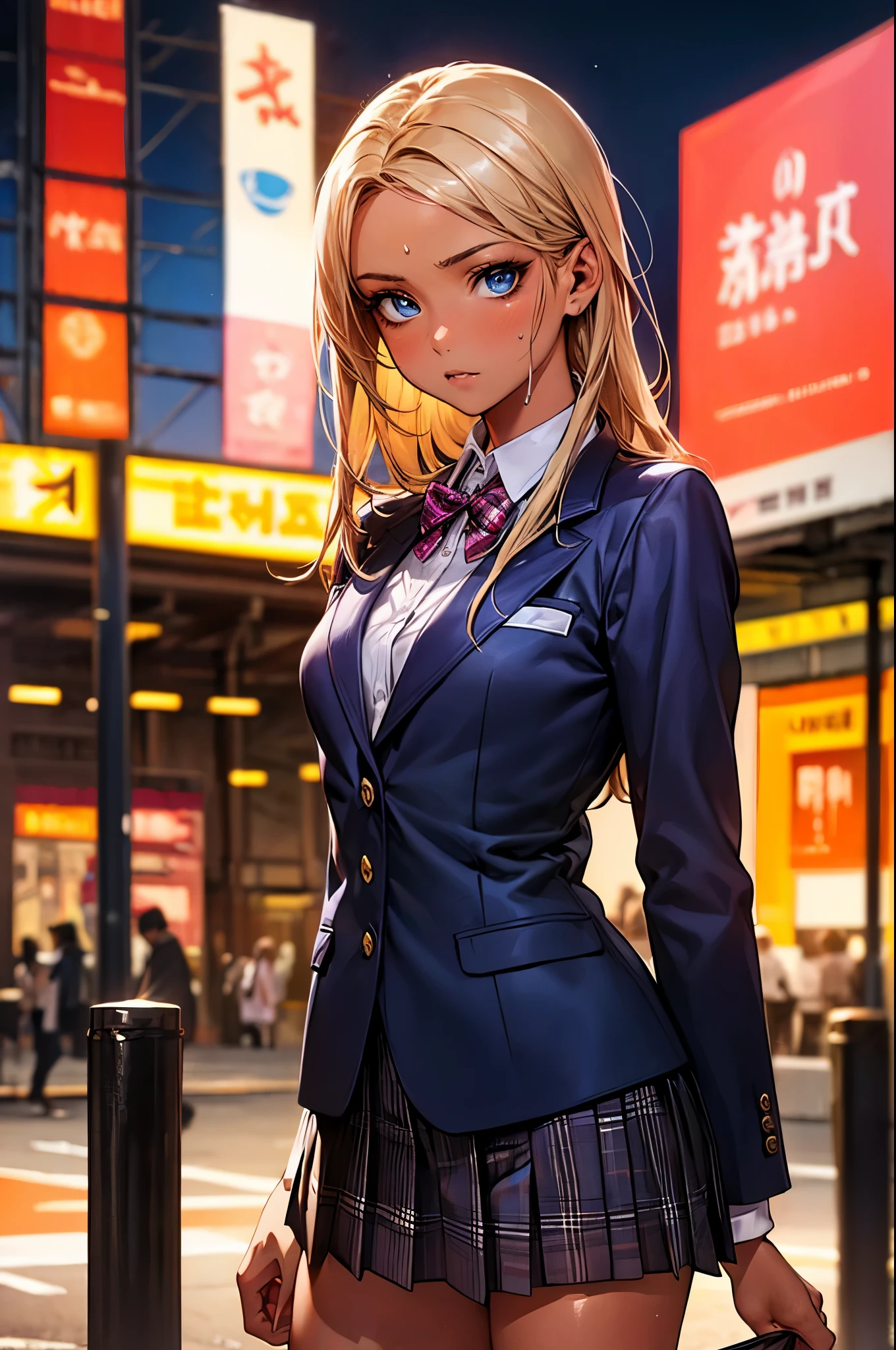((perfect anatomy:1.2,realistic:1.3,RAW Photography:1.3,masterpiece、highest quality、Ultra - High resolution、High resolution、Highly detailed CG、8K)),cowboy shot,1 female,solo,18-year-old、High school girl beautiful girl, Japanese,((beautiful detailed face and eyes:1.2,big gorgeous eyes:1.3,)),blonde hair,long hair,(center parted hair:1.4,forehead),medium breasts,slender body,small head:1.3,skinny,(brown skin:1.3),(oily skin,gleaming skin,shiny skin,sweat),(school uniform、Dark blue blazer jacket、plaid pleated mini skirt),Shibuya Station、on street,neon、at night、Tokyo、