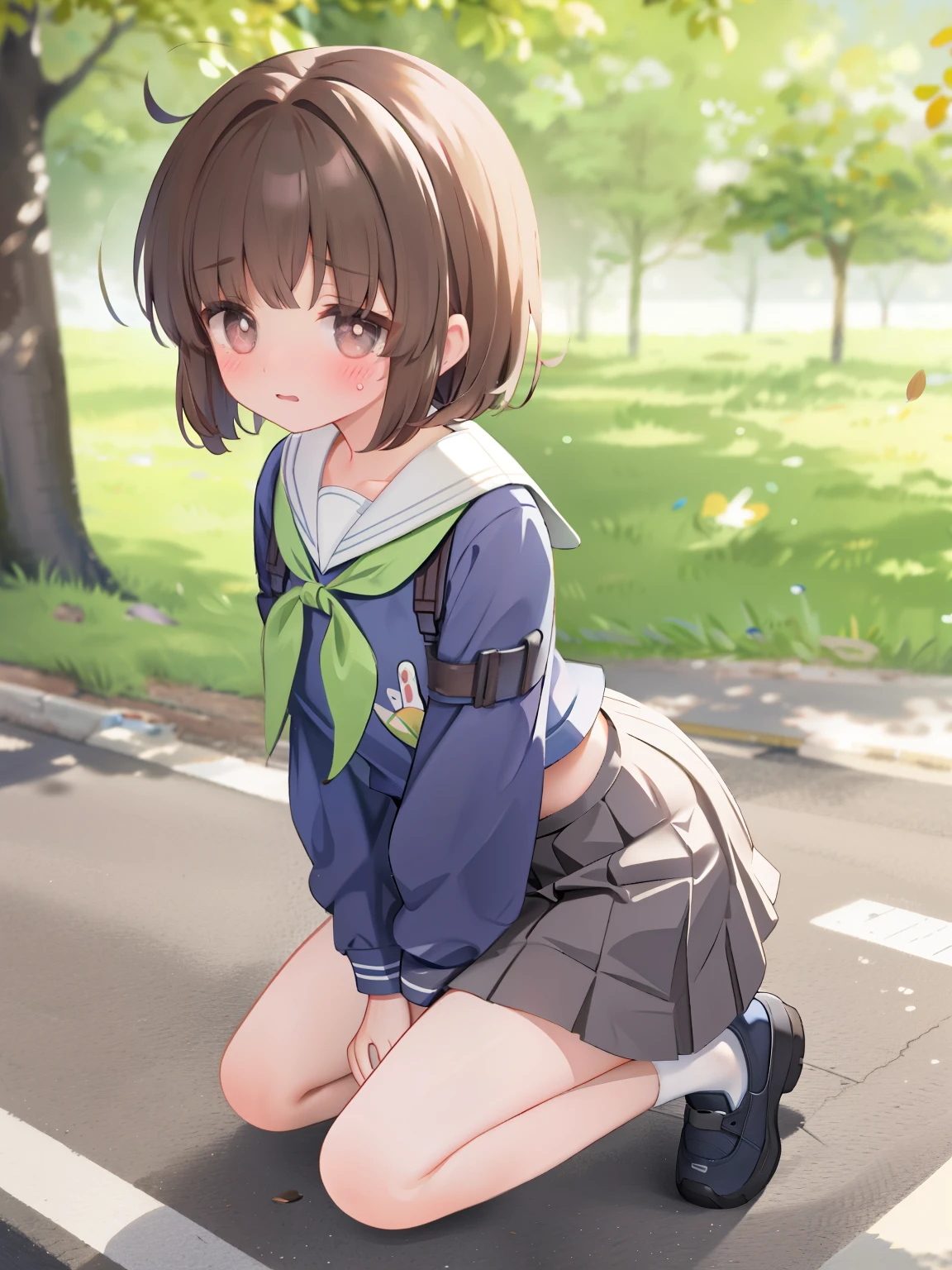 , Brown hair, Medium hair, Ultra-short sailor suit, (Naked:1.1),  (Blushing:1.0), Detailed face, Roadside, POV crouching，Expose the inside of your legs，Hands tied behind your back，The skirt is blown by the wind，transparent panty