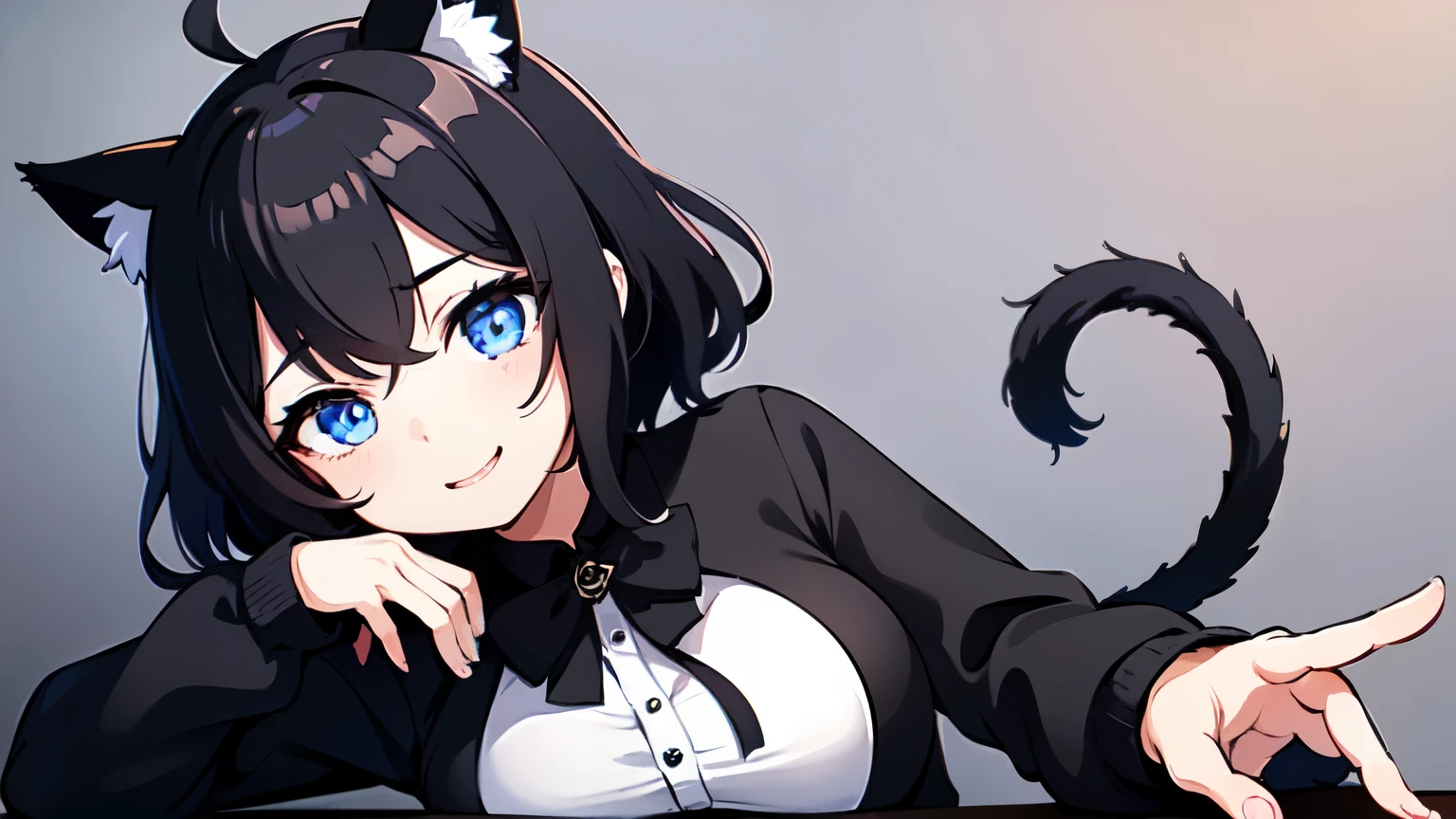 looking at the viewer, 1 girl, open your mouth, smile, Virtual YouTuber、with a girl、((highest quality, expensive_solve, clear_image)),(black hair), (black cat ears), (Ahoge), (ridiculously short hair), (wavy hair), (blue eyes)、very big breasts,wearing a t-shirt、Cigarette in hand、