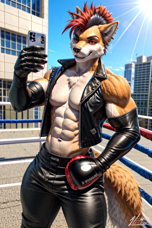 Furry, anthropomorphic wolf, orange fur, red hair, mohawk hairstyle, red eyes, 6'7 and 233, 50" Chest, 21" Shoulders, 17" Biceps, 36" Waist, 25" thighs, 17" calves, 20" back, taking selfie, wearing black leather vest, wearing white t-shirt with sleeves ripped off, wearing black leather pants, wearing black leather boots, wearing black bandana around forehead, wearing  Scarlet boxing gloves, smiling, in the city, punk biker aesthetic, eight pack abs 