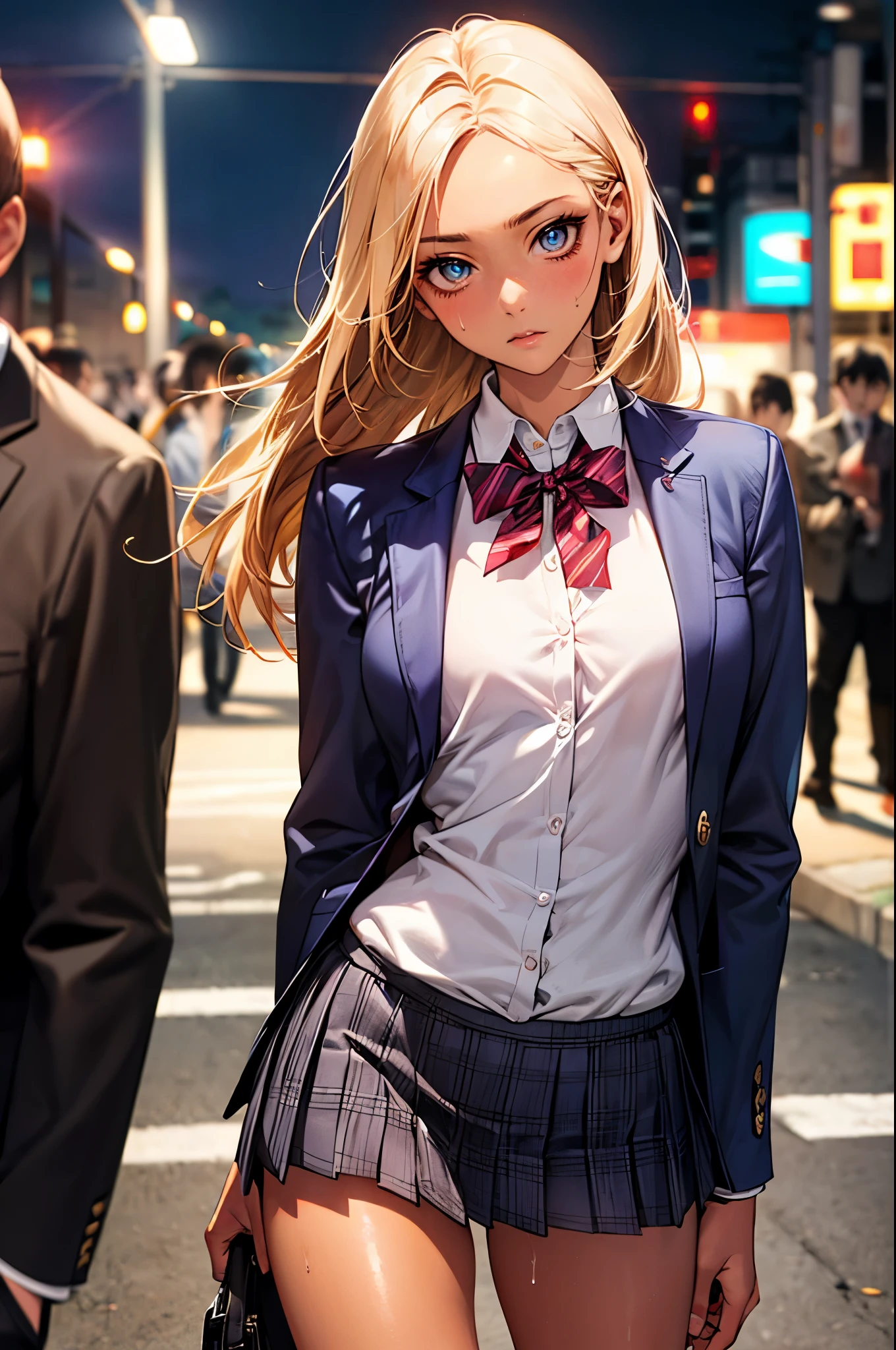 ((perfect anatomy:1.2,realistic:1.3,RAW Photography:1.3,masterpiece、highest quality、Ultra - High resolution、High resolution、Highly detailed CG、8K)),cowboy shot,1 female,solo,18-year-old、High school girl beautiful girl, Japanese,((beautiful detailed face and eyes:1.2,big gorgeous eyes:1.3,)),blonde hair,long hair,(center parted hair:1.4,forehead),medium breasts,slender body,small head:1.3,skinny,(brown skin:1.3),(oily skin,gleaming skin,shiny skin,sweat),(school uniform、Dark blue blazer jacket、plaid pleated mini skirt),Shibuya Station、on street,neon、at night、Tokyo、