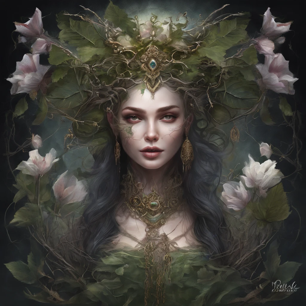 A magical girl whose body is made of vines, plant witch,Vine Queen,Witch of Thorns,Vines weave into a sculpture of a girl,vines woven into clothing,Crazy vines intricate,(Lycoris close-up:1.5),Flower of the other shore is charming,Mysterious Manzhu Shahua,Bloody ghost flowers blooming at the gate of hell,Leading the soul to the afterlife,Evil charm,Flirtatious,Excellent,witch womloy iron flower,Alloy vines are woven into a magical girl,Magical girl has iron flowers on her head,heavy metal style,metal art,flower made of iron,iron leaf,Full metallic luster,Metal texture in the post-industrial era,Crafts made from twisted alloy wire,gold flowers,Iron flower,Silver flower,metal tree branch,a crystal pendant,Emerald inlay,well-built,Perfect craftsmanship,Magic lightning background,blue lightning,There are fairies,dark fantasy style art, dark flower shaman, dark fantasy concept art, bloodborne concept art, dark concept art, Bloody ghost flower, Diablo digital concept art, dark fantasy art style, Dark flowers, 🌺 Computer Graphics Association, bloodborne art, tmasterpiece,art stations,ultra-realistic realism,plant witch,Vine Queen,Witch of Thorns,photorealistic dark concept art, Concept film, Reuven Tan,Painting of woman weaving vines standing in front of devil, goddess of death, author:heroes, beautiful death goddess, beautiful elegant demon queen, dark fantasy style art, portrait of death, onmyoji detailed art, Persephone as the goddess of death, beautiful necromancer, Ominous fantasy illustration
