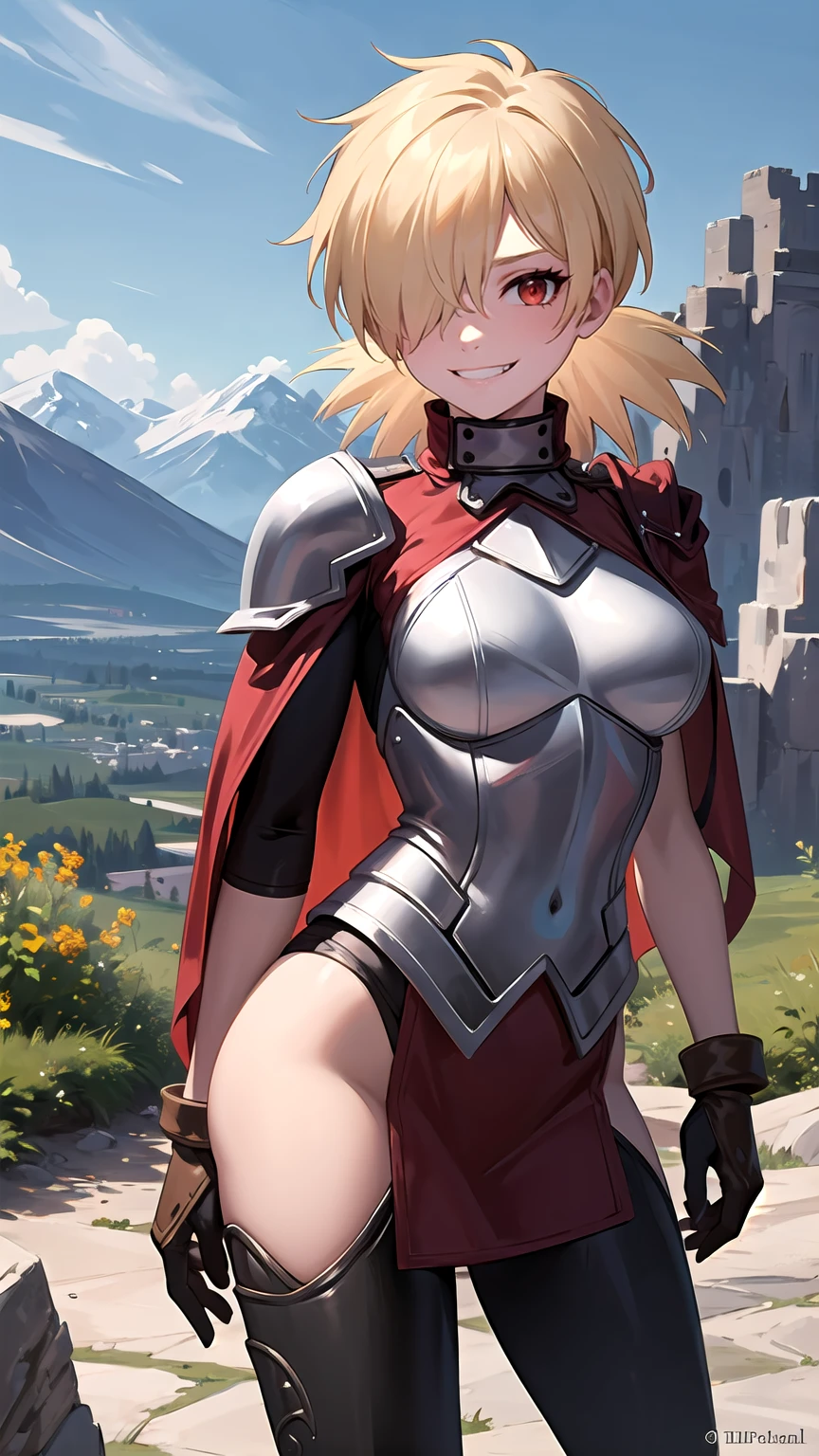 (masterpiece, best quality, detailed), 1girl, solo, seras victoria, hair over one eye, looking at viewer, 
armor, breastplate, armored dress, cape, gauntlets, shoulder armor, bodysuit, outdoors, mountain, castle, fantasy, scenery, sky, hands behind back, smirk, red eyes