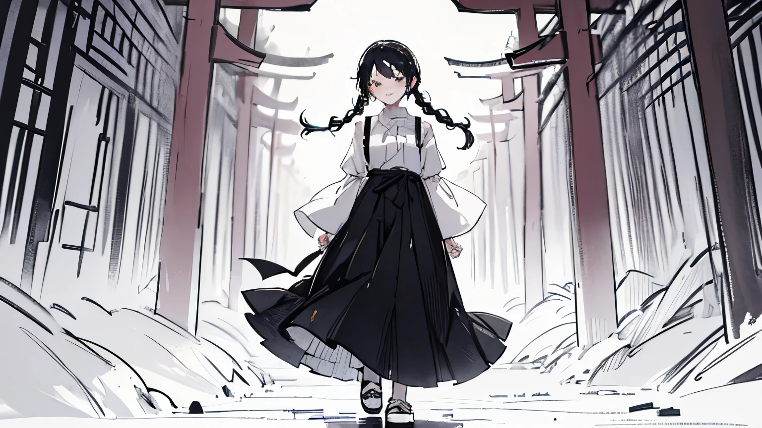 alone, full body, armsbehind back, 1 girl, young, detailed black hair, Delicate facerain, seductive smile, perfect hands, black eyes, white skin, absurdres,far from the camera,Torii in Shoujo no Ishiro,braided pigtails