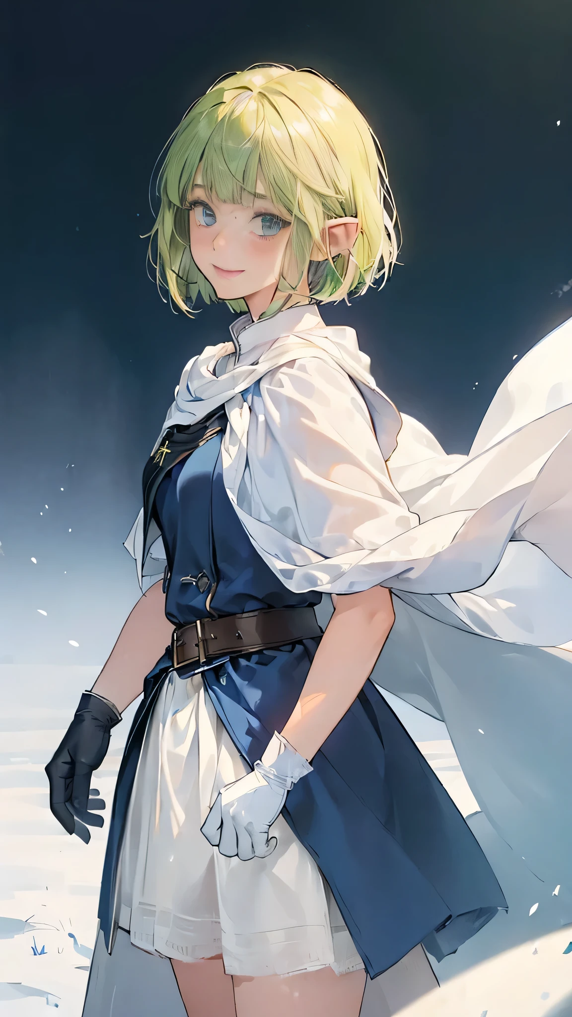 (((((girl))))), masterpiece, ultra detailed, 8K Portrait, Raw photo, woman's portrait photography, full body, Highly detailed face, mischievous childish smile, blush, ((Fantasy)), (((hobbit))), ((Adult)), 45 years old, 110cm, (((ALCHEMIST))), ((tanned skin)), (((greenish white short bob hair))), (((blunt bangs))), hair ornament, (((white silk long cloak))) Fluttering in the wind, (high school dark blue uniform:1.5), long skirt, leather gloves, Midday sun, Hyper realistic, Slender body, by the snowy castle, Ambient lighting, Shadow details, Camera focus on face, strong breeze, Light fog