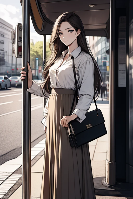 (ridiculous, High resolution, super detailed), masterpiece, best quality, 1 female，full body picture，long hair, shirt，long skirt, Soft Face Features，look up，briefcase，curious expression. Bus stop in the background.