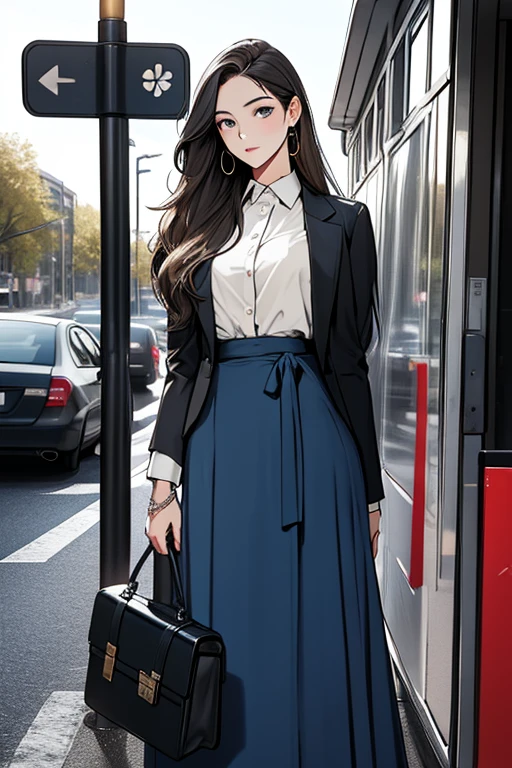 (ridiculous, High resolution, super detailed), masterpiece, best quality, 1 female,full body picture,long hair, shirt,long skirt, Soft Face Features,look up,briefcase,curious expression. Bus stop in the background.