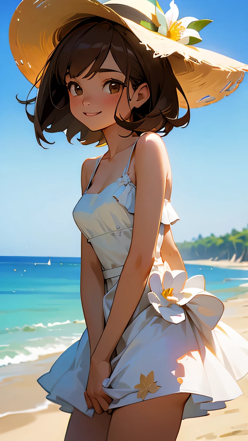 (Best quality, dynamic lighting, highly detailed, HDR) Brown haired young woman, mature, beautiful, bob hair, brown eyes, slim, medium-small breasts, white floral summer dress, upskirt, panties, summer hat, bare shoulder, cleavage, sleeveless, smiling, beach background.