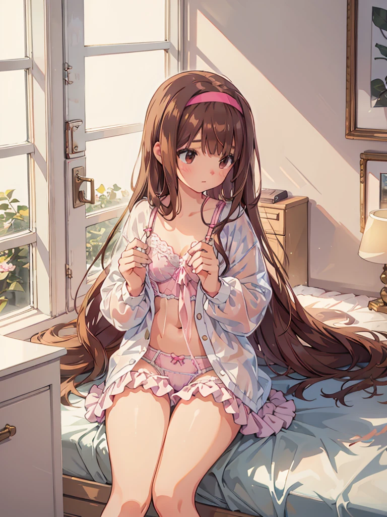 beautiful illustrations, highest quality, pretty girl, 1girl, Bedroom, pastel colour, (two-separated lingerie), reddish brown long hair, headband, cute lingerie, bright lighting