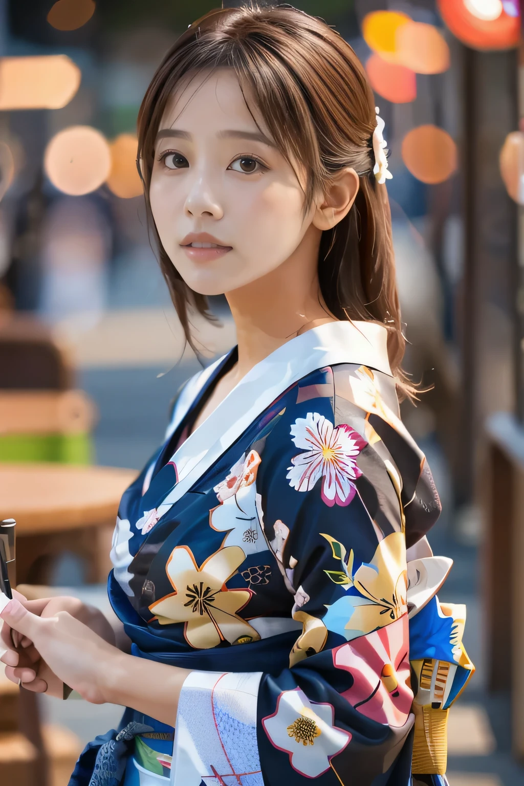 (table top, highest quality:1.4), beautiful face, 8K, 85mm, absurd, (floral pattern yukata:1.4), close up of face, violaces, gardenia, delicate girl, alone, night, looking at the viewer, Upper body, film grain, chromatic aberration, sharp focus, face light, professional lighting, Sophisticated, (smile:0.4), (simple background, background bokeh:1.2), Surface details,fireworks festival background