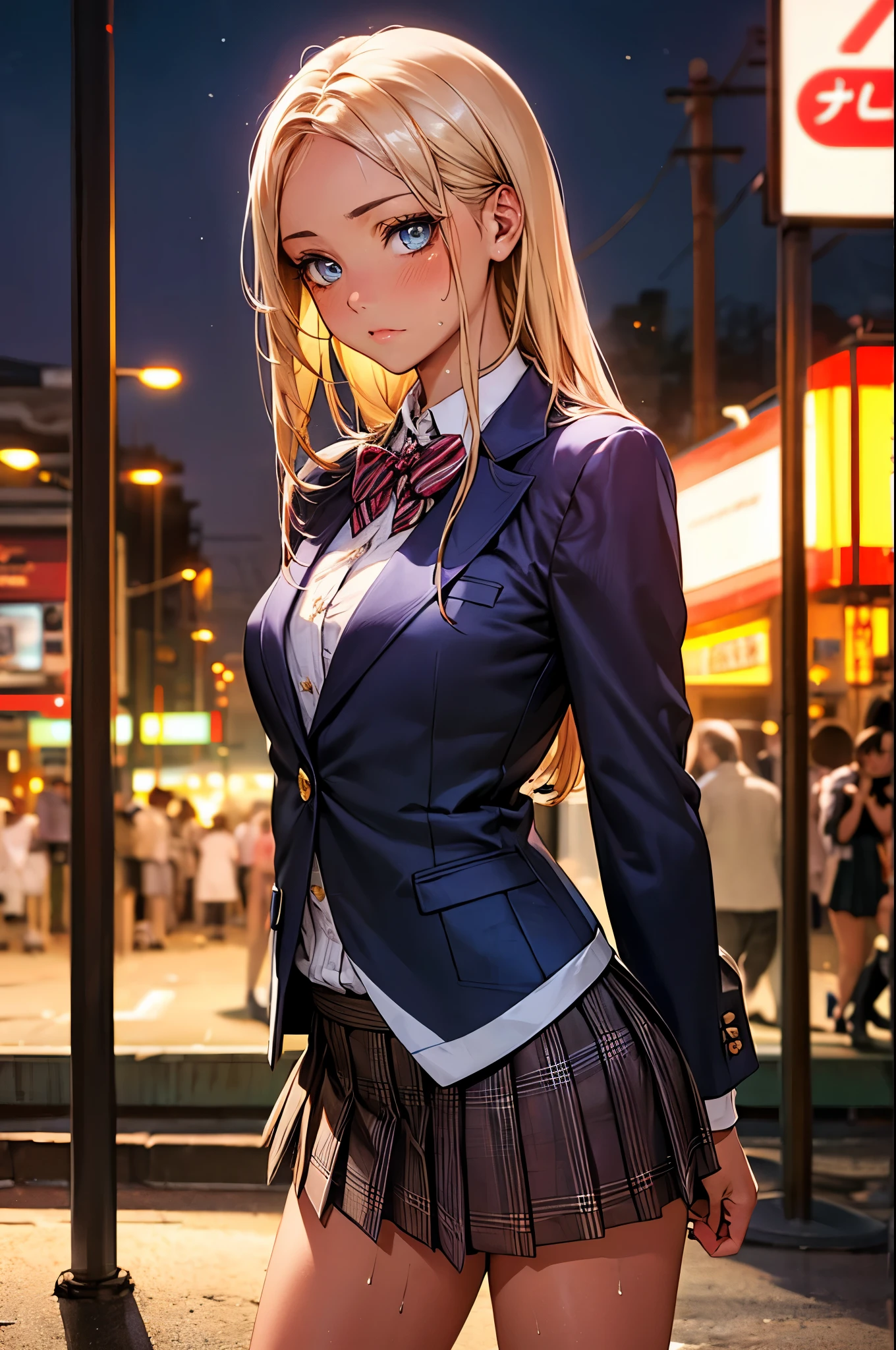 ((perfect anatomy:1.2,realistic:1.3,RAW Photography:1.3,masterpiece、highest quality、Ultra - High resolution、High resolution、Highly detailed CG、8K)),cowboy shot,1 female,solo,18-year-old、High school girl beautiful girl, Japanese,((beautiful detailed face and eyes:1.2,big gorgeous eyes:1.3,)),blonde hair,long hair,(center parted hair:1.4,forehead),medium breasts,slender body,small head:1.3,skinny,(brown skin:1.3),(oily skin,gleaming skin,shiny skin,sweat),(school uniform、Dark blue blazer jacket、plaid pleated mini skirt),standing,Shibuya Station、on street,neon、at night、Tokyo、