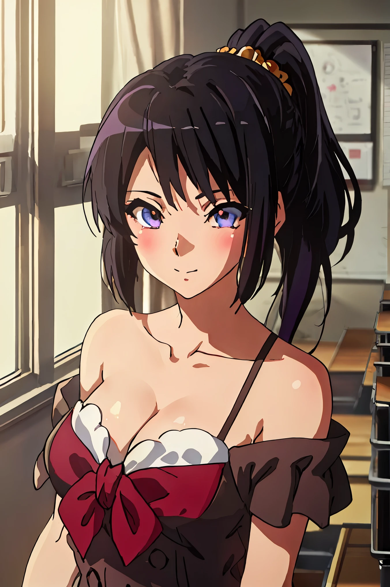 solo, {kousaka_reina_soundeuphonium:1.15}, black hair, long hair, purple eyes, blush, bangs, closed mouth, ponytail, 
BREAK (（AKATSUKI OUTFIT：1.1), （cleavage:1.5），（Off-the-shoulder attire:1.5):1.2)
BREAK  cowboy shot, light smile, arm behind back,
BREAK class room,
BREAK (masterpiece:1.2), best quality, high resolution, unity 8k wallpaper, (illustration:0.8), (beautiful detailed eyes:1.6), extremely detailed face, perfect lighting, extremely detailed CG, (perfect hands, perfect anatomy),